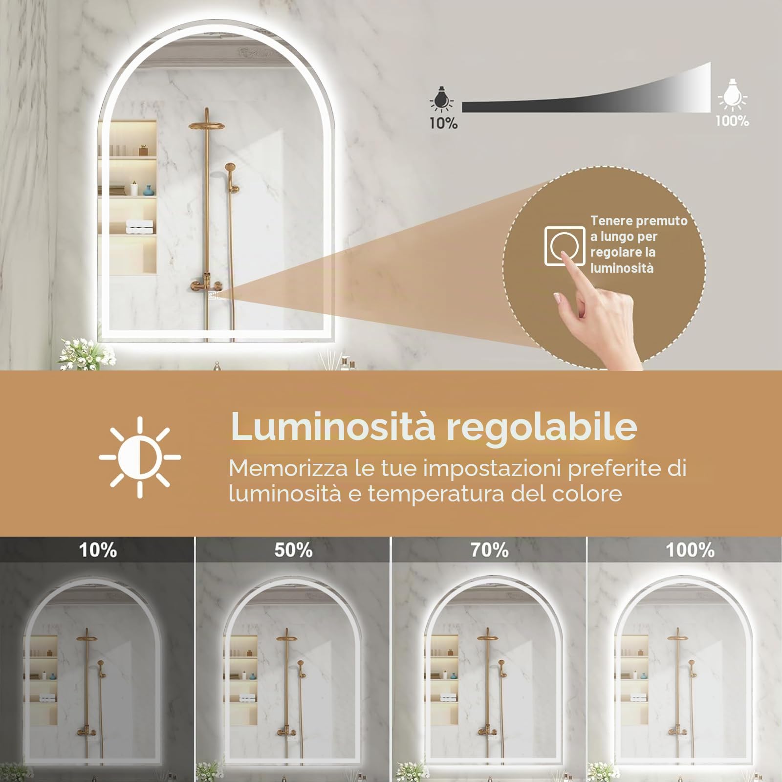 Specchio da bagno a LED arcuato con illuminazione - sensore touch, dimmerabile, antiappannamento, 3 modalità di colore, regolabile, design moderno, 60 x 80 cm