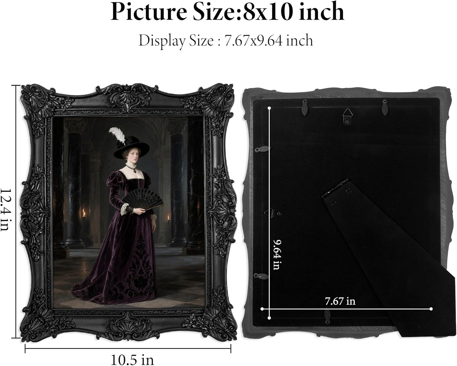 8x10 Picture Frame, Vintage Black Ornate Textured Hand-Crafted Resin Photo Frame with Easel & Hook for Tabletop & Wall Display, Retro Design Home Decor