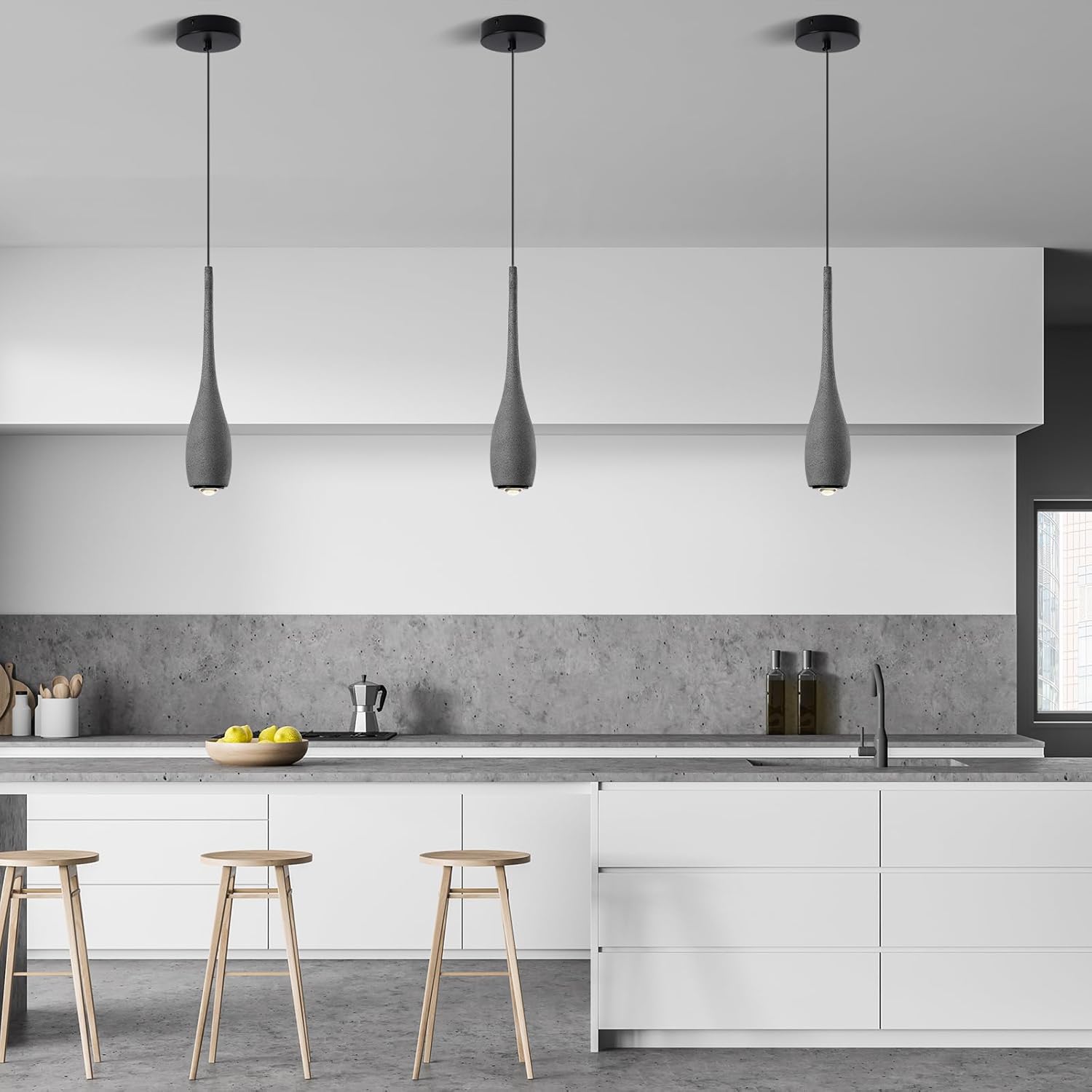 Black Pendant Light for Kitchen Island, LED Lens Concrete Pendant Light fixtures, Small Modern Industrial Hanging Pendant Light for Over Sink, Bar, Dining Room, Bedside(3-Pack)