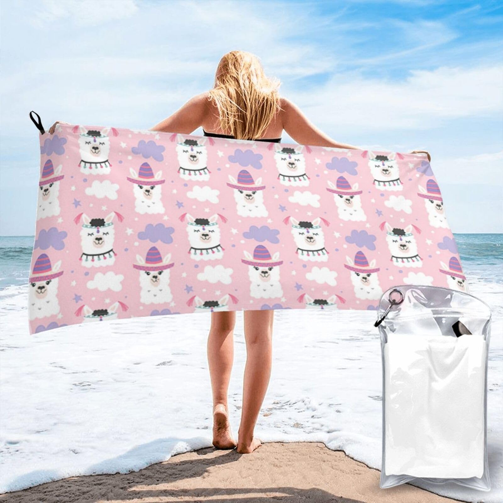 WYCZHY Cartoon Llama Alpaca Print Beach Towel Soft Quick Dry For Spa Pool Gym Vacation Travelers Women Men Adults Sauna Gift