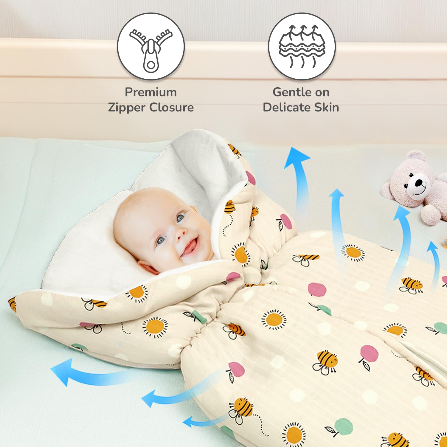 R for Rabbit Snuggy Bliss Baby Sleeping Bag Bedding Set | Premium 100% Muslin Cotton Carrying Nest for New Born Babies & Infant | Travel Friendly for 0-6 Months Baby Girl and Boy (Honey Beige) - Image 2 thumbnail