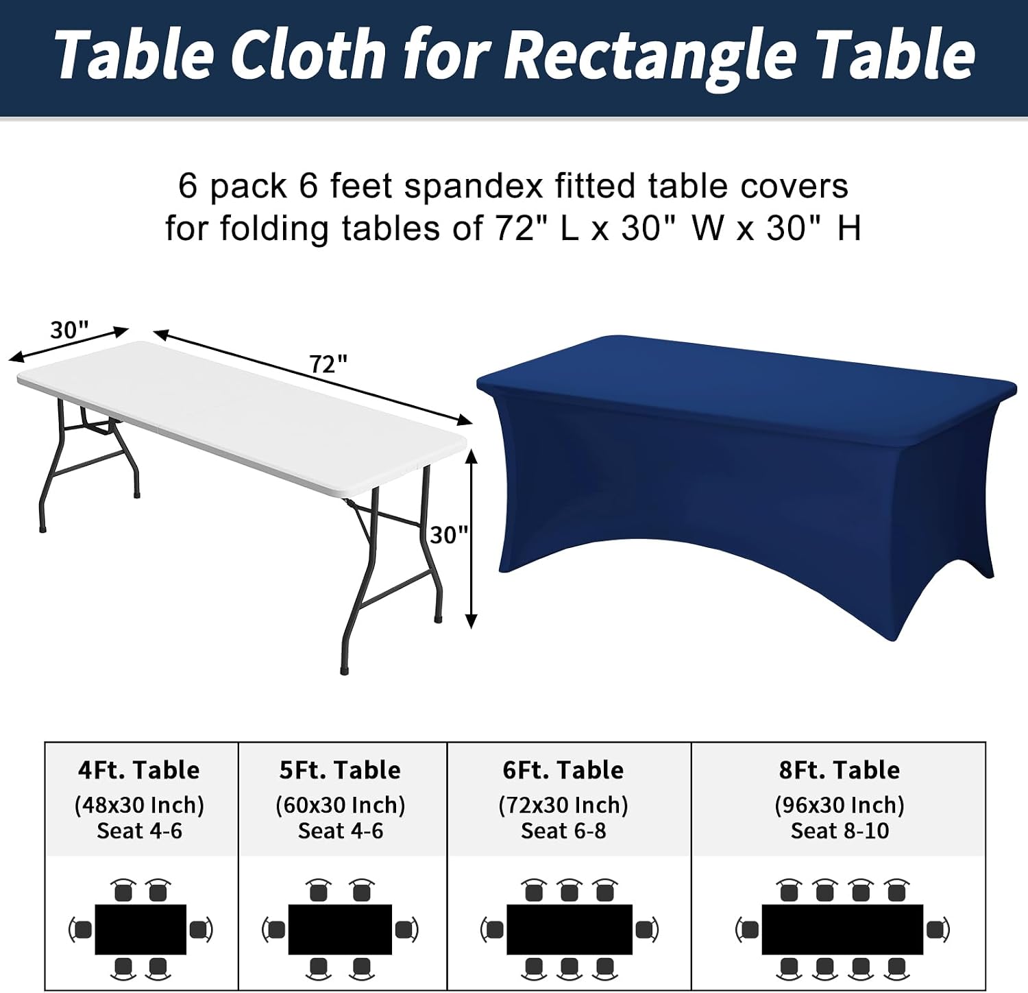 Fixwal 6 Pack 6FT Navy Blue Tablecloth Rectangle Spandex Table Cover image 3