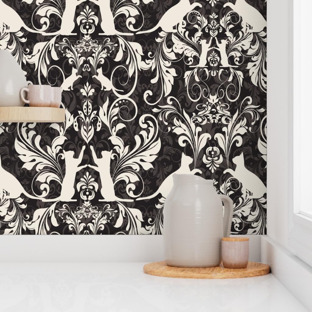 Peel & Stick Wallpaper 3ft x 2ft - Cat Damask Black Cream Victorian Damask Vintage Style Kitty Kitten Custom Removable Wallpaper by Spoonflower