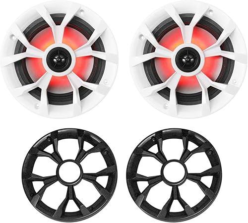 Rockville RKL65MBW (2) altavoces marinos de 6.5 pulgadas 700 W, 4 ohmios, luces LED, cumple con CEA, coaxial, impermeable, rejillas negras/blancas