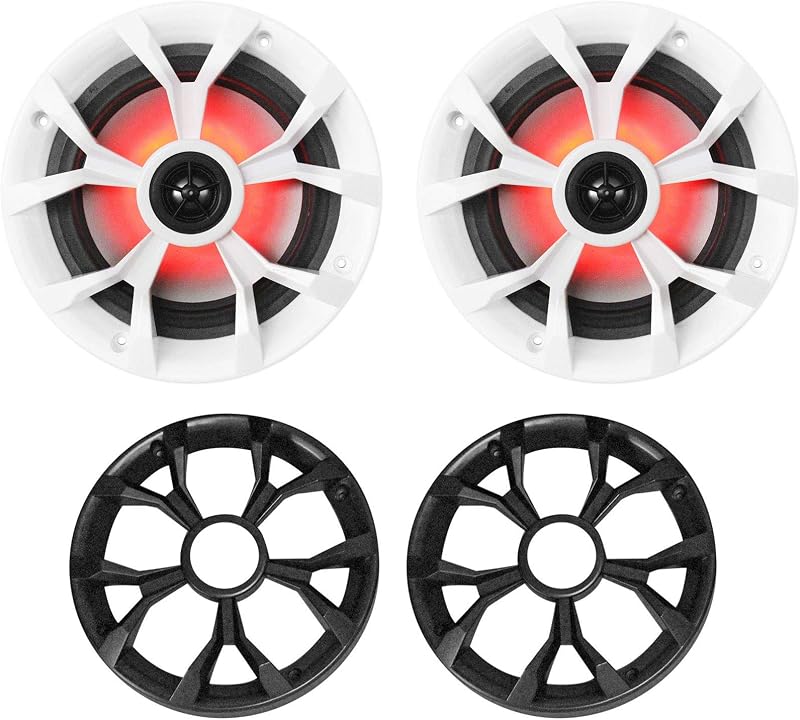 Rockville RKL65MBW 6.5" 2-Way Coaxial Marine Boat LED Speakers Pair | 700W Peak / 170W RMS, 4 Ohm, Waterproof, Red/Blue Beat-Sync LEDs, 35Hz-20kHz, Includes Black/White Grilles and 16.4 Ft Wire