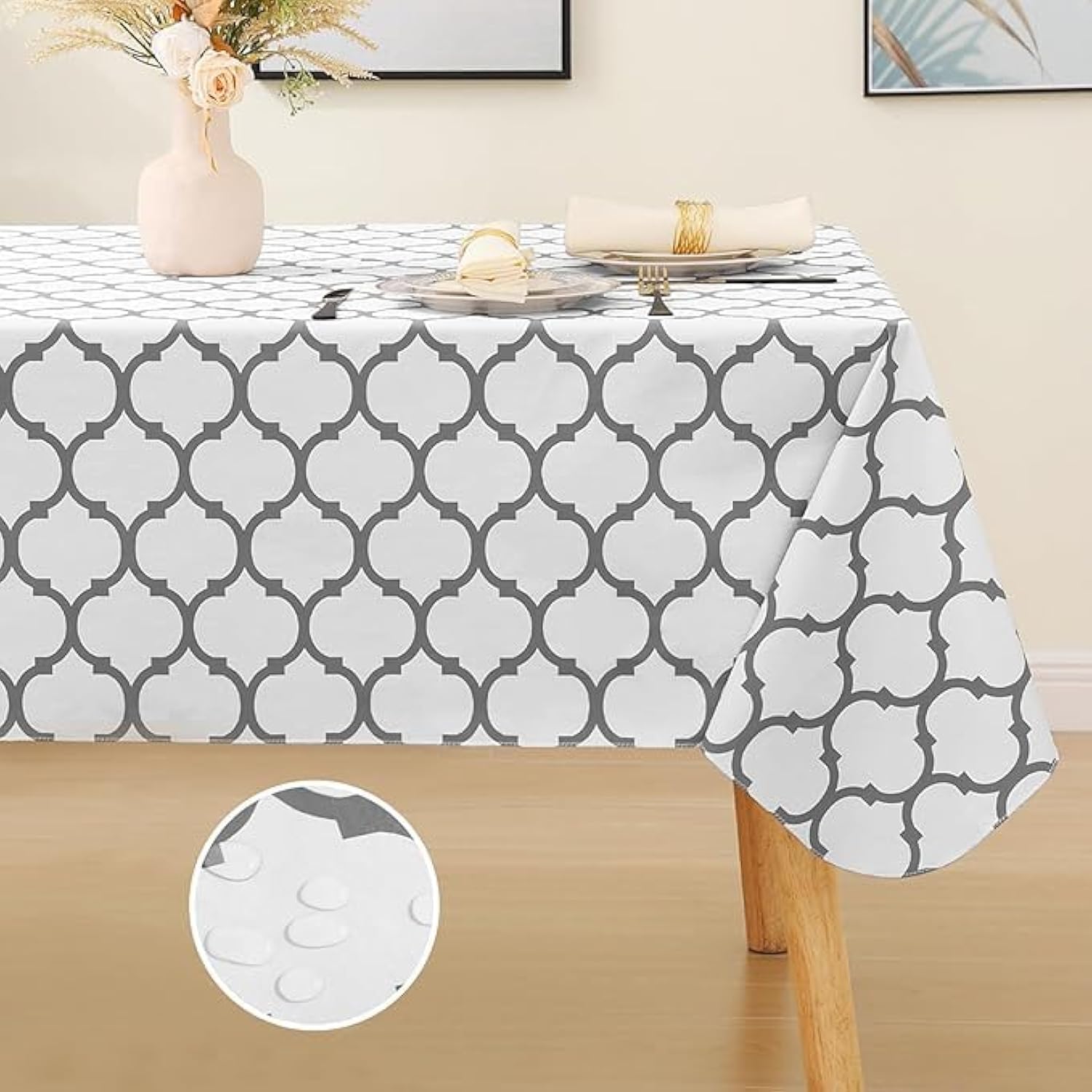 sancak Rectangle Table Cloth, 60x102inches(150x260cm) Waterproof Stain Resistant Washable Tablecloth, Moroccan Polyester Table Cover for Dining, Indoor and Outdoor (White)