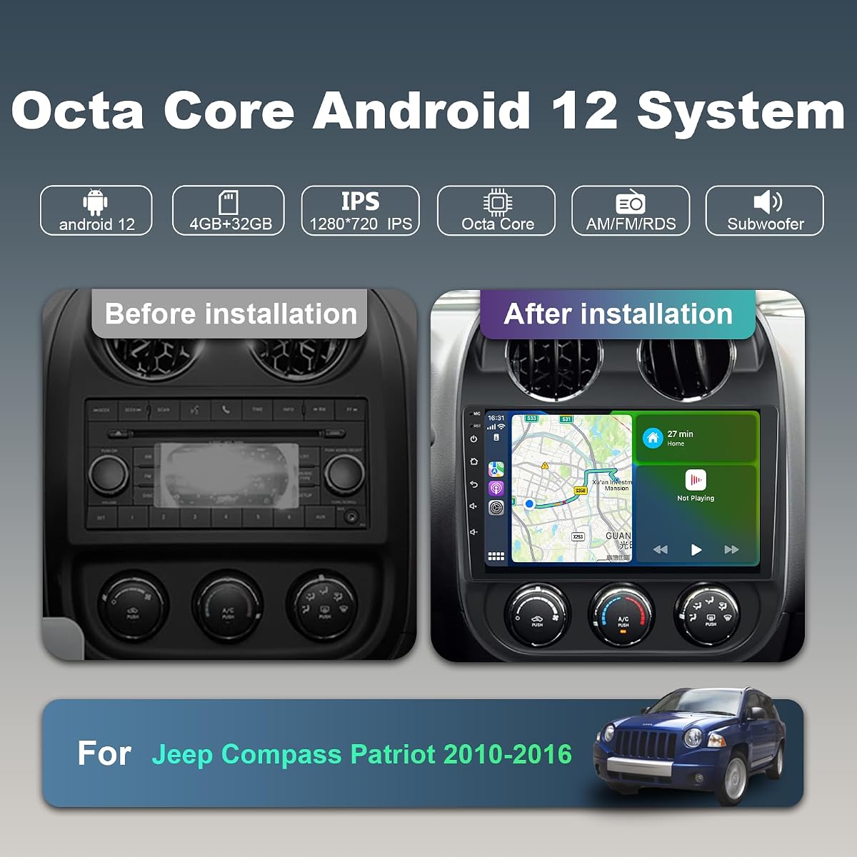 8 Core 4+32G Android 14 estéreo de coche para Jeep Compass Patriot 2010-2016 | CarPlay inalámbrico/Android Auto, radio de coche con pantalla táctil HD de 10,1" y cámara de respaldo WiFi AM/FM/RDS/SWC