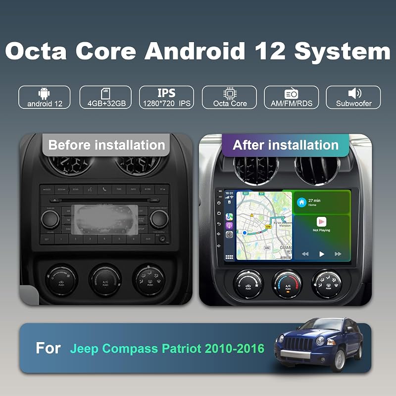 8 Core 4+32G Android 14 estéreo de auto para Jeep Compass Patriot 2010-2016 | CarPlay inalámbrico/Android Auto, radio de auto con pantalla táctil HD de 10,1" y cámara de respaldo WiFi AM/FM/RDS/SWC