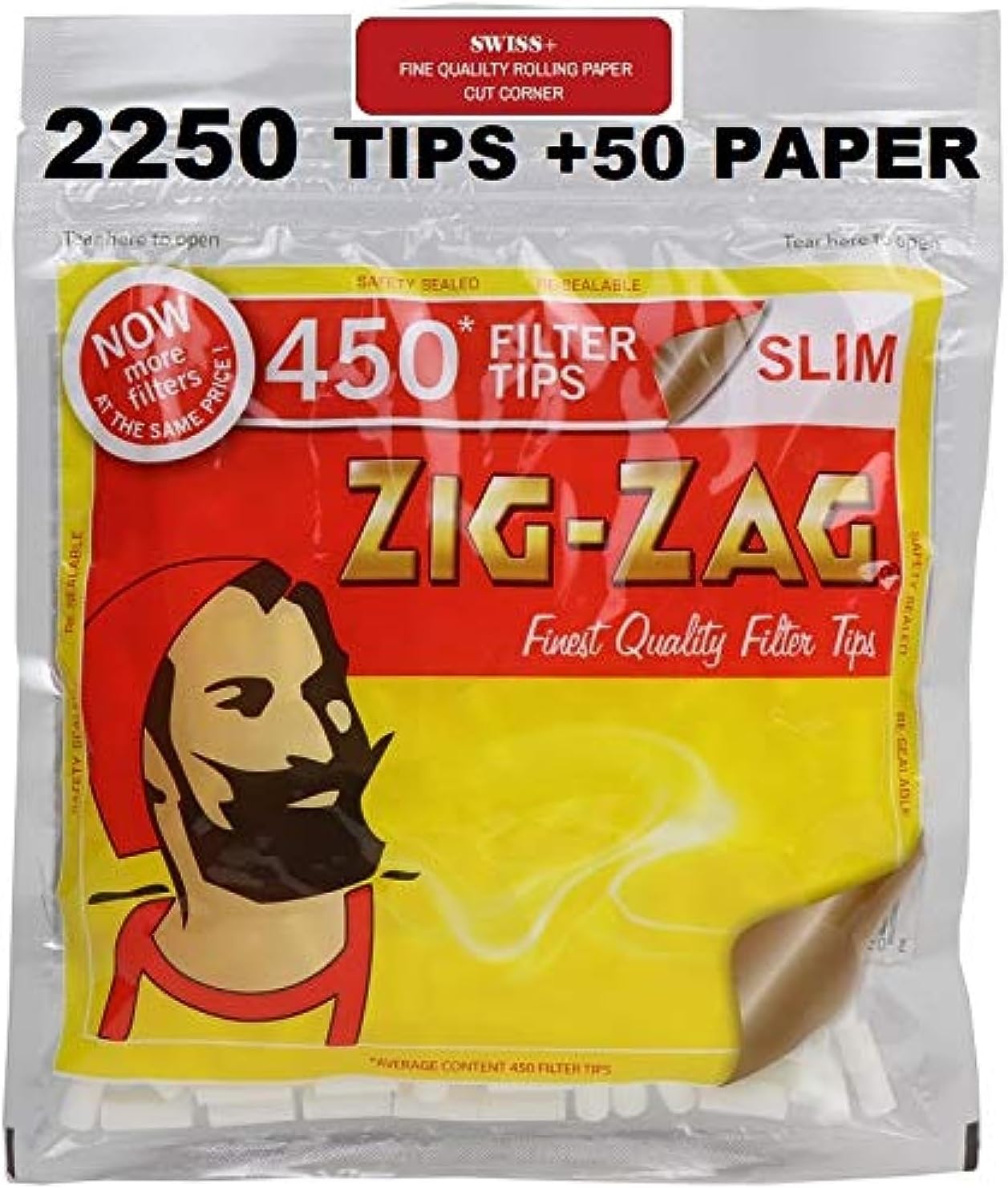 2250 ZIG ZAG Filters Slim- 450'S X 5 Bags and 50 Swiss+ Rolling Papers