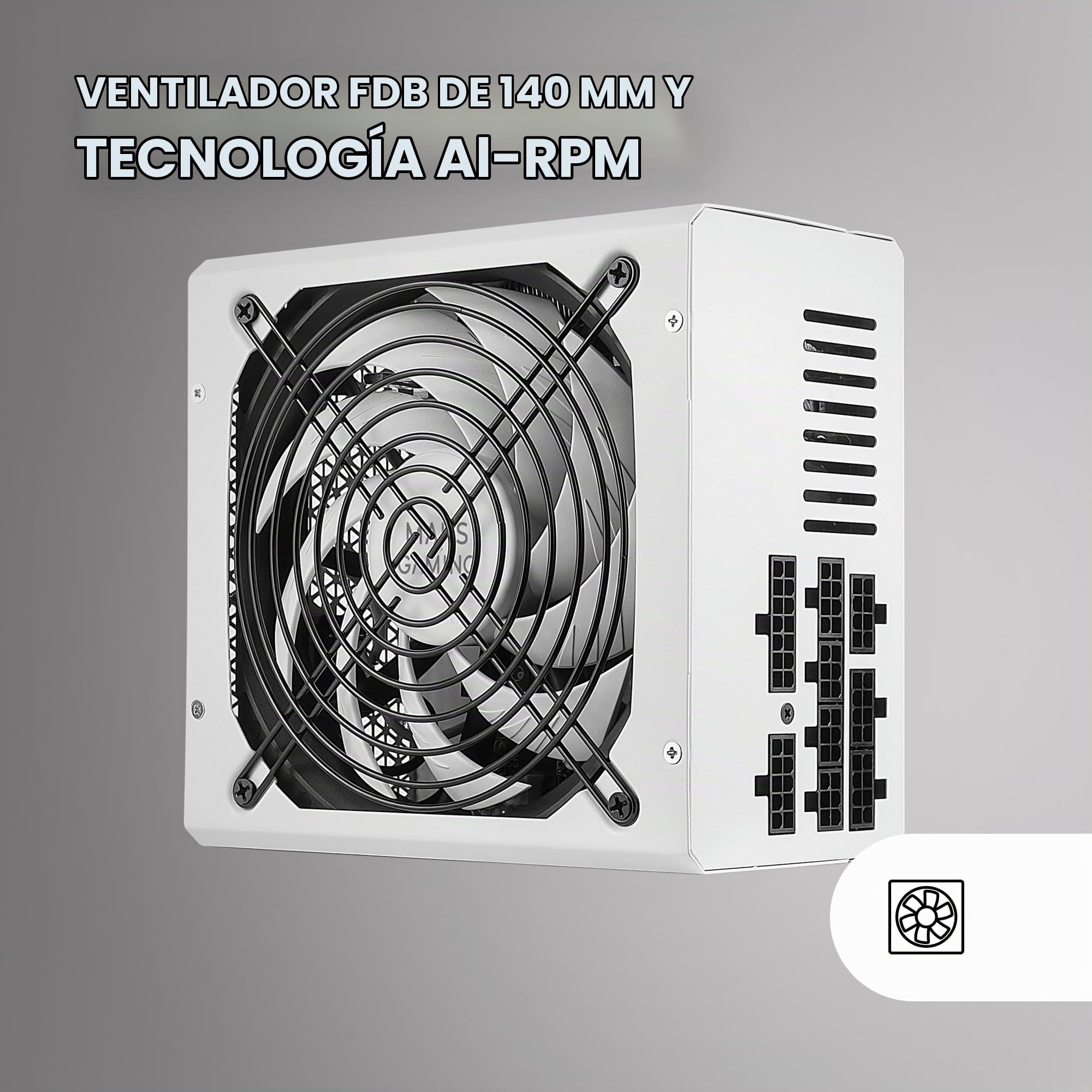 Mars Gaming MPZE750M, Fuente Alimentación Full Modular 750W ATX, 10 Años Garantía, 80Plus Silver +87% Eficiencia, Ventilador 140mm FDB con Tecnología AI-RPM, Condensadores Japoneses 105º, Blanco
