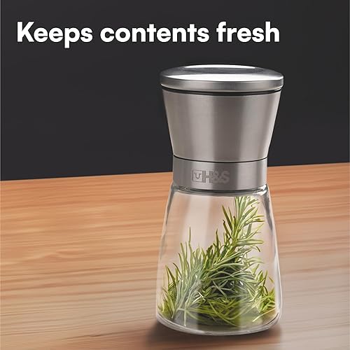 Miniatura 8 de H&S Juego de molinillo de sal y pimienta, molinillos manuales para cocina, molinos de especias de vidrio y acero inoxidable con grosor ajustable,