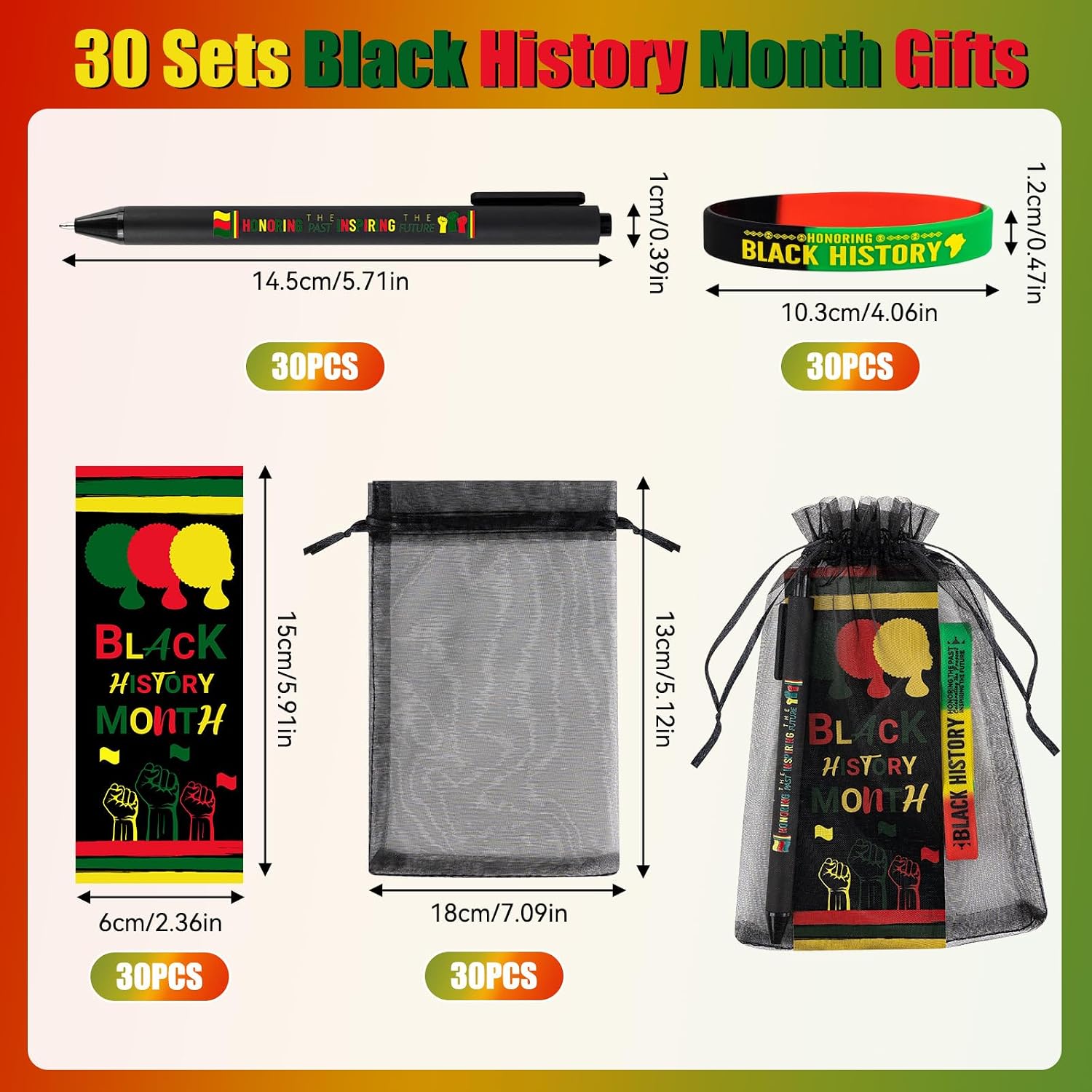 120 Pcs Juneteenth Day Gifts Bulk Juneteenth Party Favors with 30 Ballpoint Pens 30 Bookmarks 30 Silicone Bracelets 30 Organza Bags for African American Freedom Day Black History Month Office Supplies