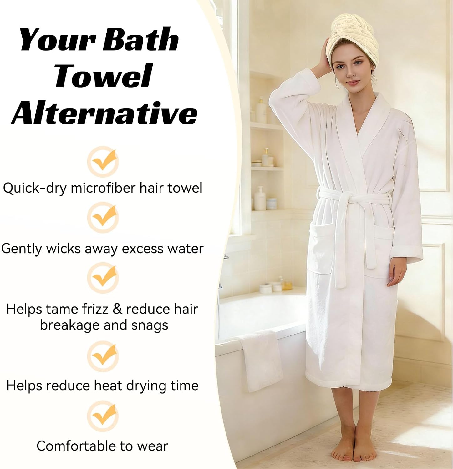 Microfiber Hair Towel Wrap for Women, Soft Lightweight Quick Dry Turban, Drying Hair Towels for Women, Hair Drying Towel for Curly & Long Hair - Yellowish-white (Note: This model is ultra-slim.)