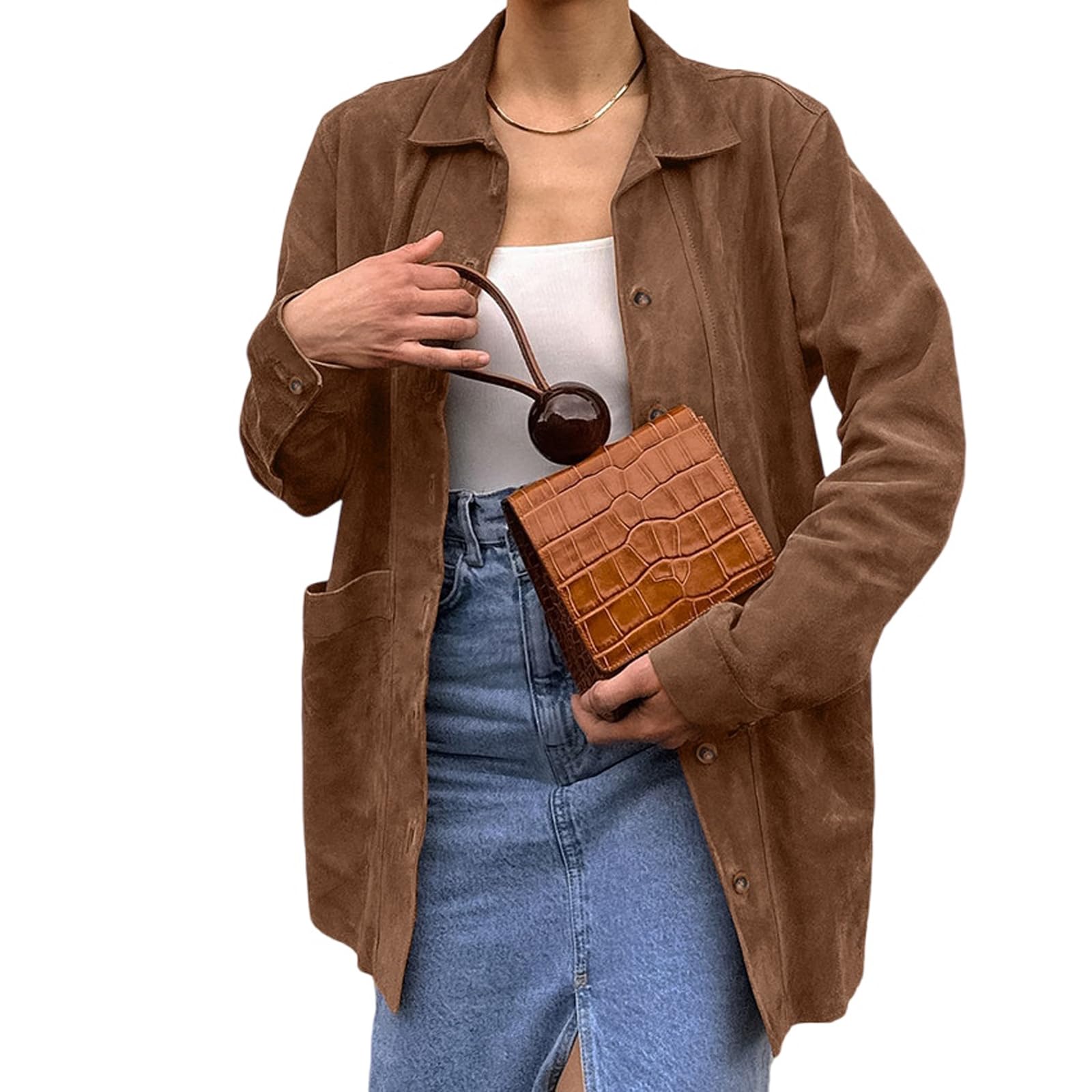 Veste en cuir synthétique pour femme - Veste d'automne Maillard marron en daim - Veste Y2k