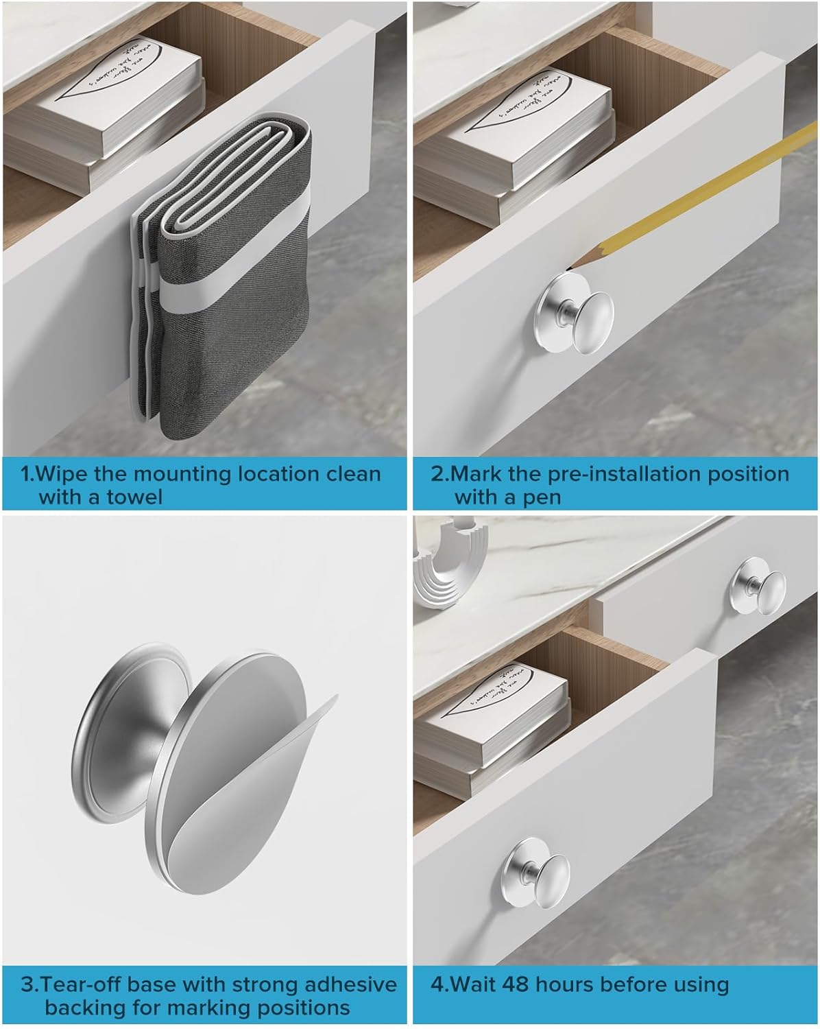 40 Pack Silver Self-Adhesive Cabinet Knobs, Self-Stick Hardware Kitchen Cabinet Handles, No-Punch Peel and Stick Drawer Knobs for Refrigerators, Dressers, Windows, Closets