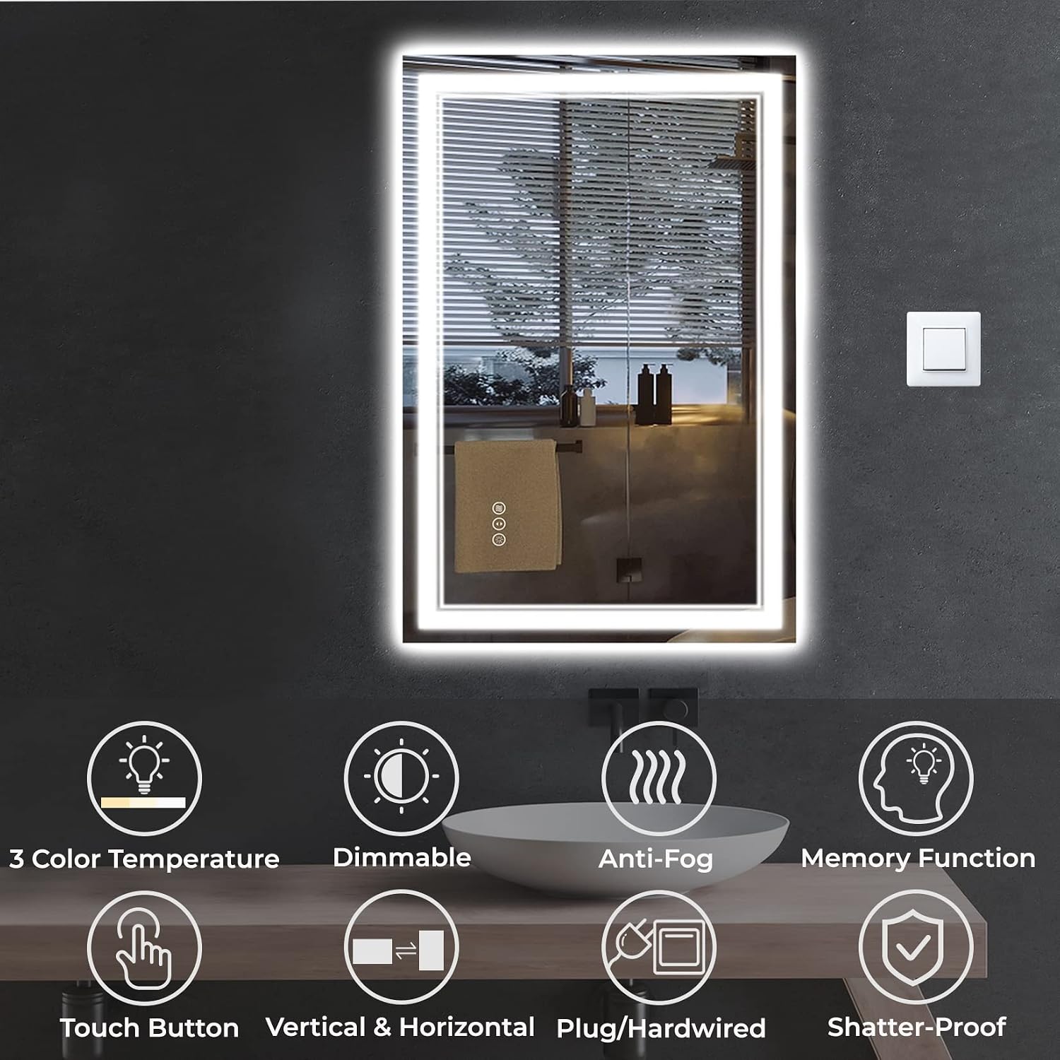 AWANDEE LED Bathroom Mirror with Lights 20x28, Lighted Vanity Mirror Wall Mounted with Front and Backlit, Large Anti-Fog LED Bathroom Vanity Mirror with 3 Colors, Dimmable, Memory, Horizontal/Vertical