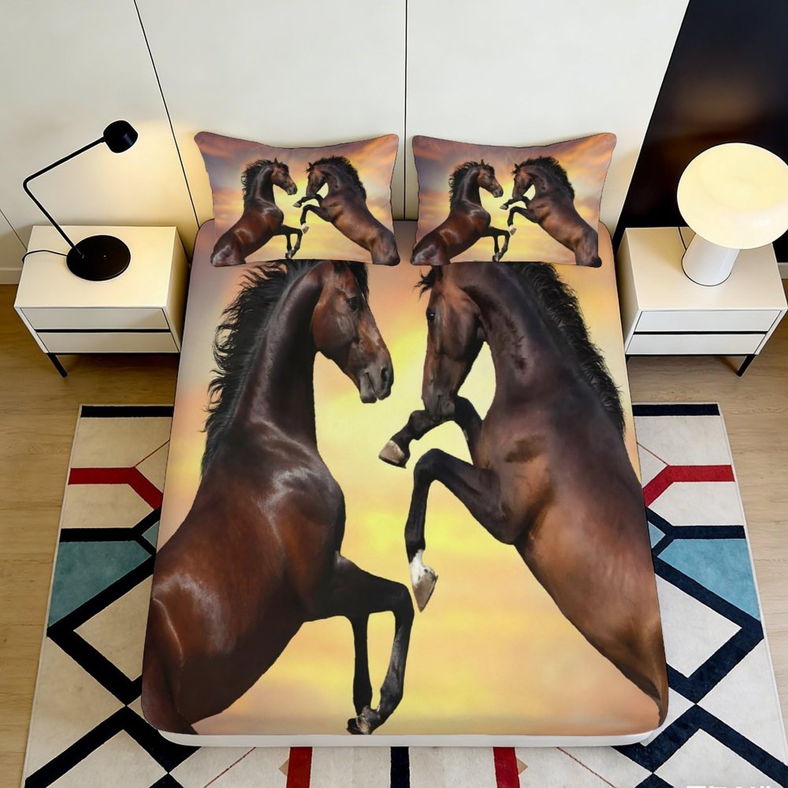3D Printed Galloping Horse Fitted Sheet Microfiber Soft Breathable Sunset Stallion Mattress Cover for Bedroom Decor Protection 90x200x25cm