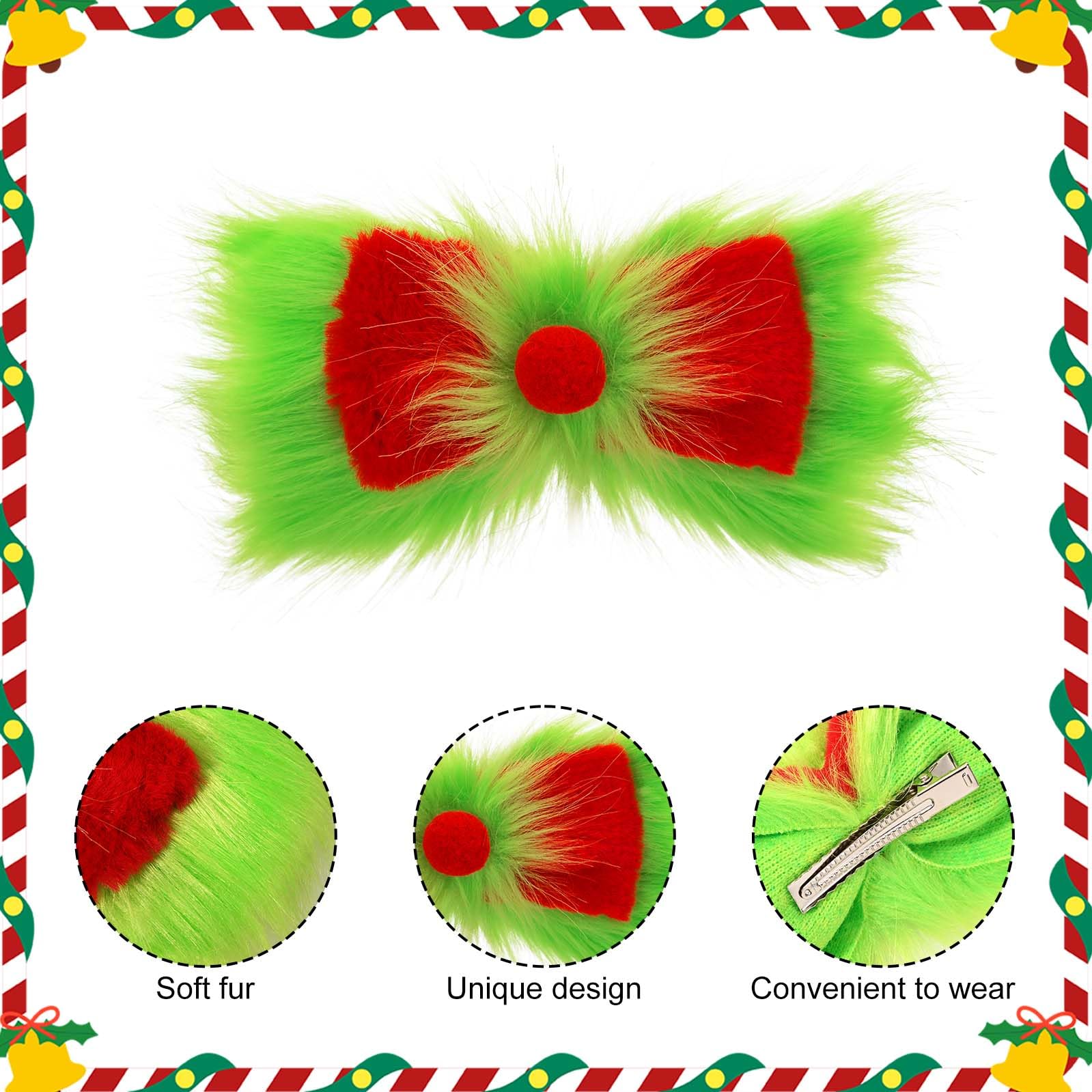 Bofeiya 4 Pcs Christmas Green Monster Santa Costume with Christmas Hat Fuzzy Faux Leg Hand Gloves Furry Hair Bow for Winter Holiday Xmas Dressing Props - Image 3