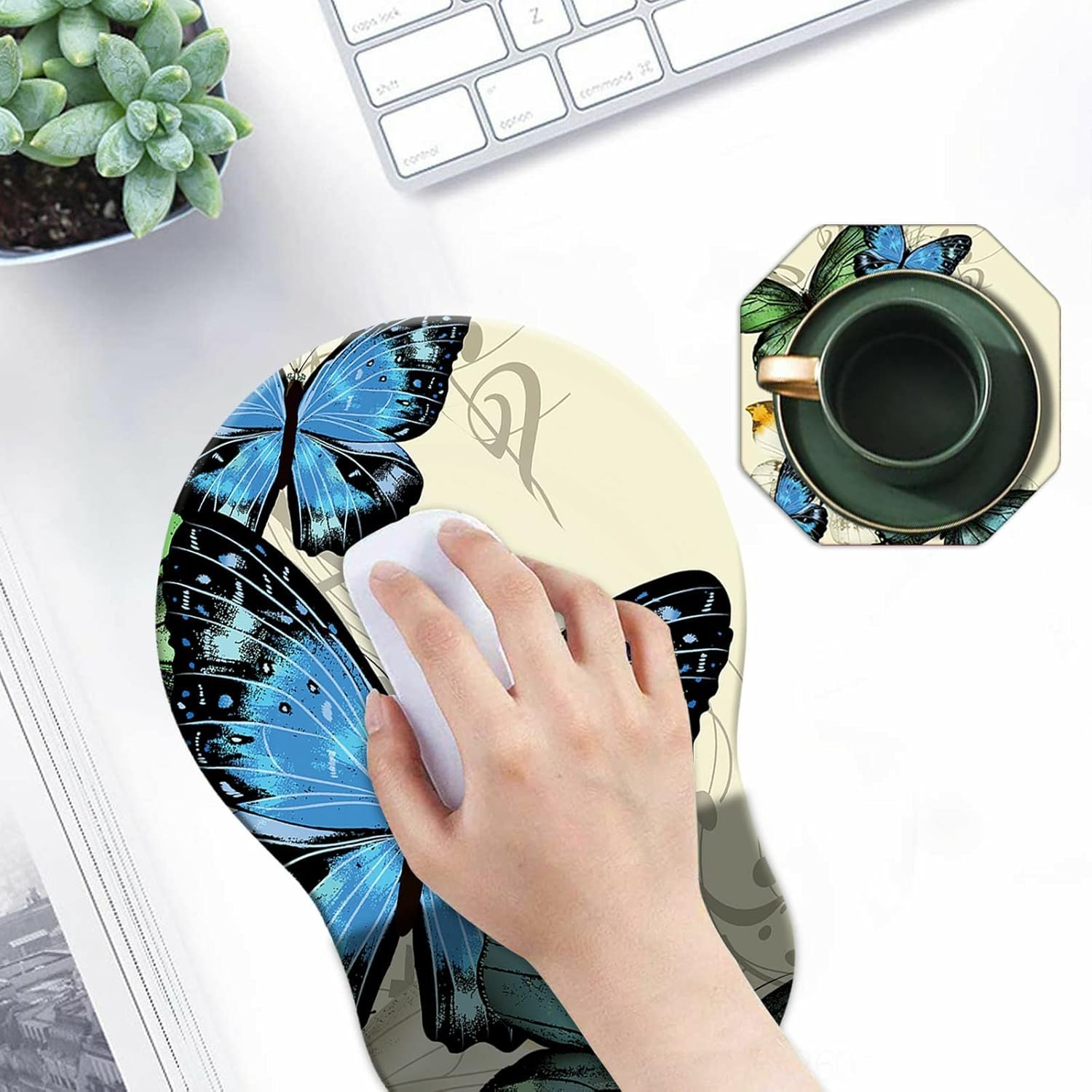 Mouse Pad with Wrist Support Gel Blue Butterfly Pattern Design Ergonomic Gaming Mousepad with Wrist Rest for Laptop Computer Home Office Working Mouse Mat + A Cute Coffee Pad