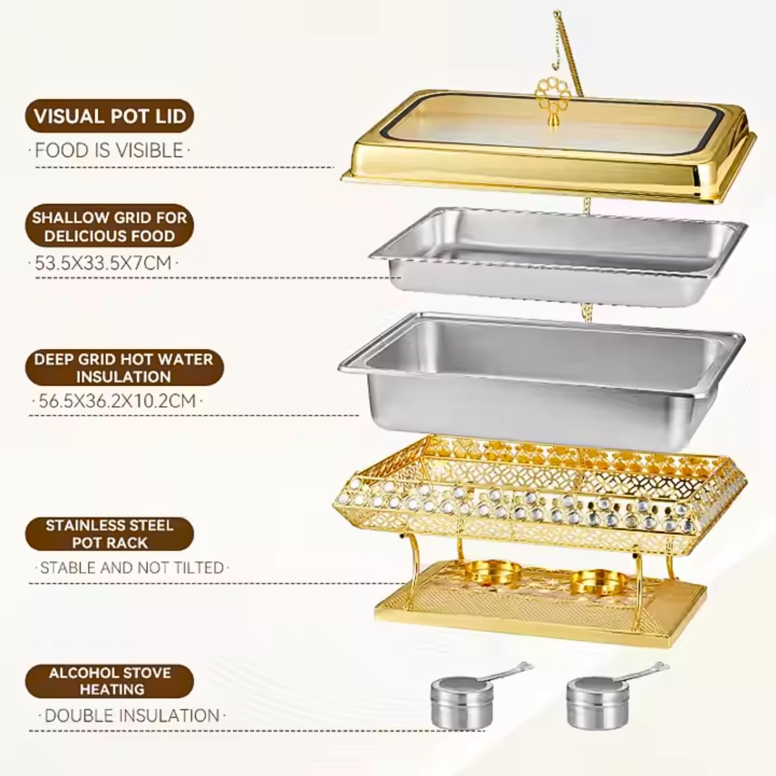Platos de frotamiento comerciales de 8 litros for Buffet | Chafer de acero inoxidable con tapa colgante Calentadores de alimentos for buffet