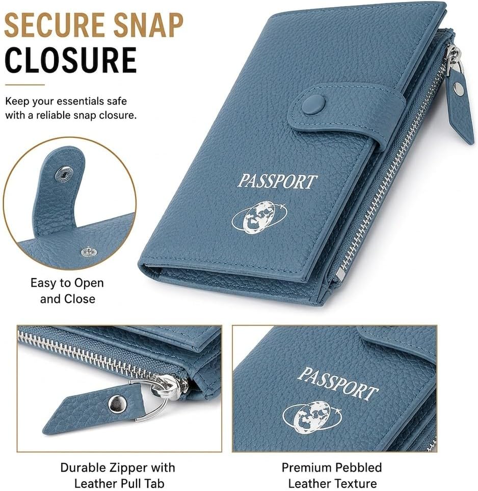 RFID Blocking Genuine Leather Passport Holder for Travel, Slim Passport Wallet with Zipper Pocket, Cash Compartment & Card Slots, Travel Document Organizer for Men Women Family