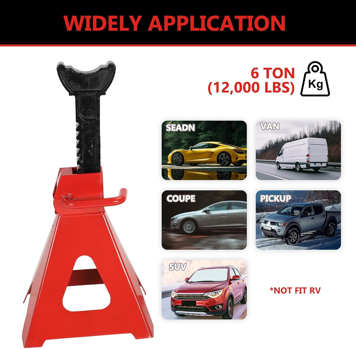 6 Ton (12,000 LBS) Automotive Jack Stands, Heavy Duty Steel Car Lifting Stand for Garages, Repair Shops, Adjustable Height 14.6"- 24", Red, 1 Pair