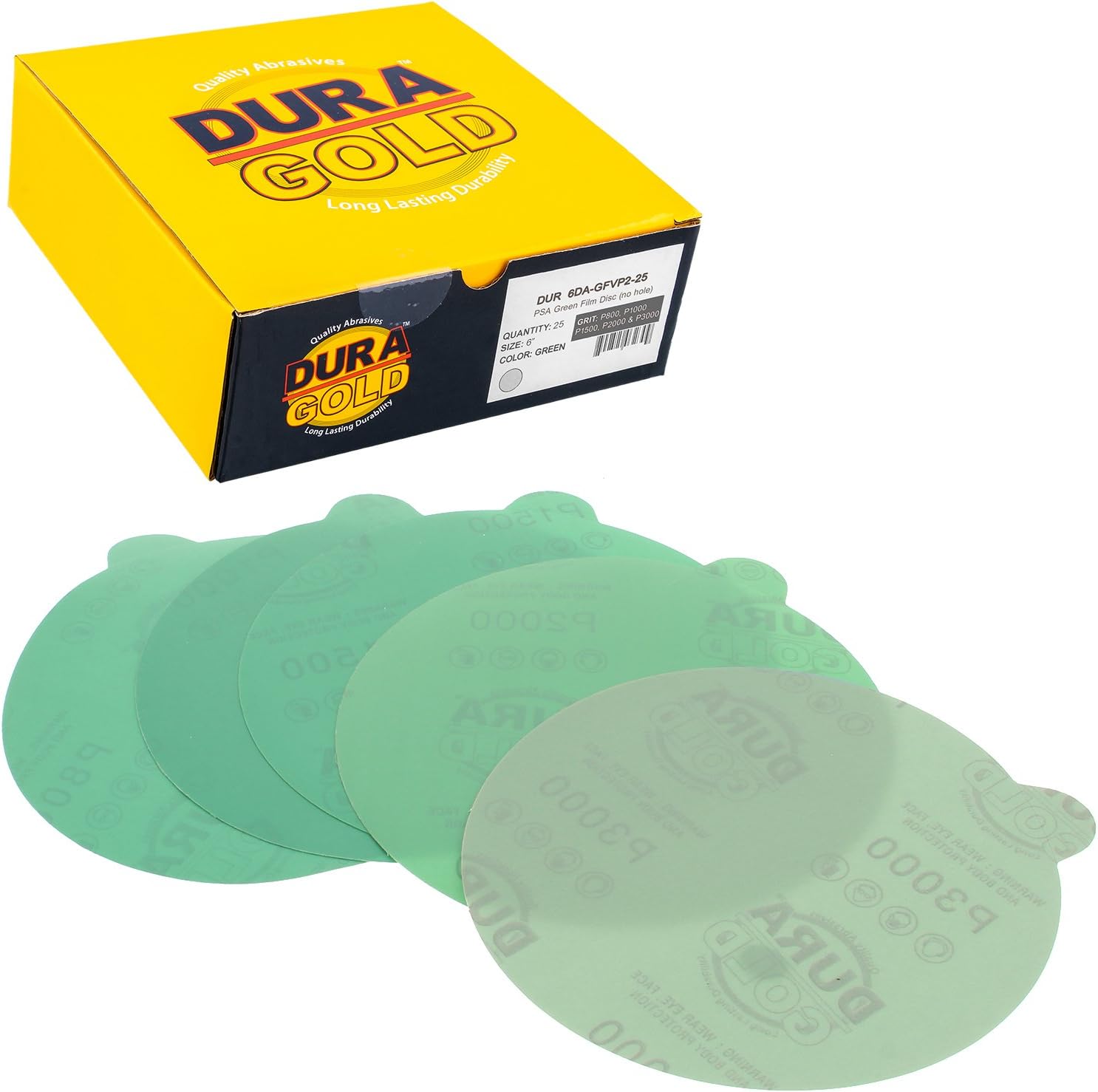 Dura-Gold Premium 6" Green Film PSA Sanding Discs - 3000 Grit (Box of 25) - Self Adhesive Stickyback Sandpaper for DA Sander, Detailing Finishing Cut Abrasive, Sand Automotive Paint Woodworking Wood