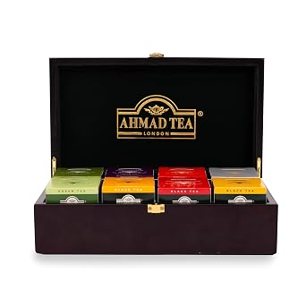 Ahmad Tea Black & Green Tea, Wooden Tea Keeper, 8 Popular Blends 10 ct each 80 Teabags Total - Caffeinated & Sugar-Free