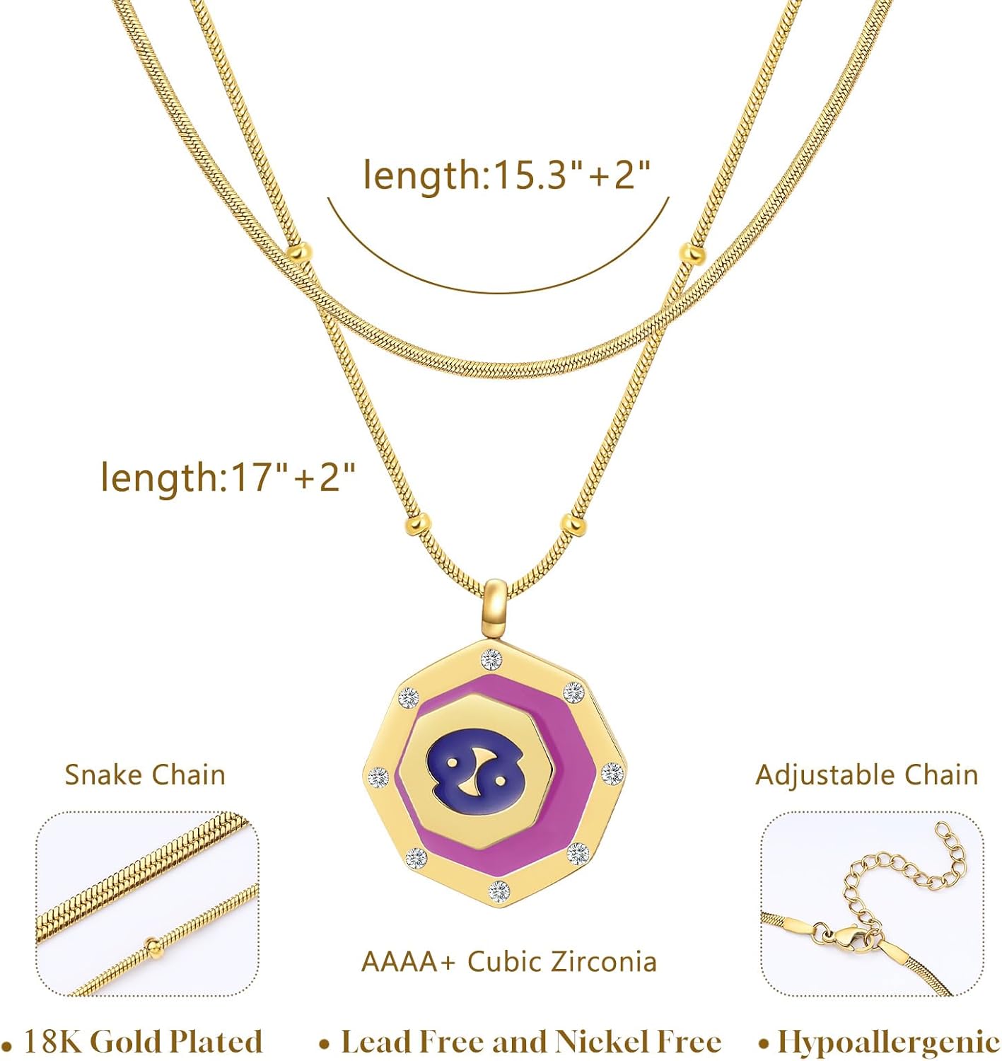 LETFLY Zodiac Layered Gold Necklaces for Women, Layered Snake Chain with Adjustable Cubic Zirconia 18K Gold Plated Octagon Shaped Pendant Necklace for Womens Jewelry Gifts - Image 4