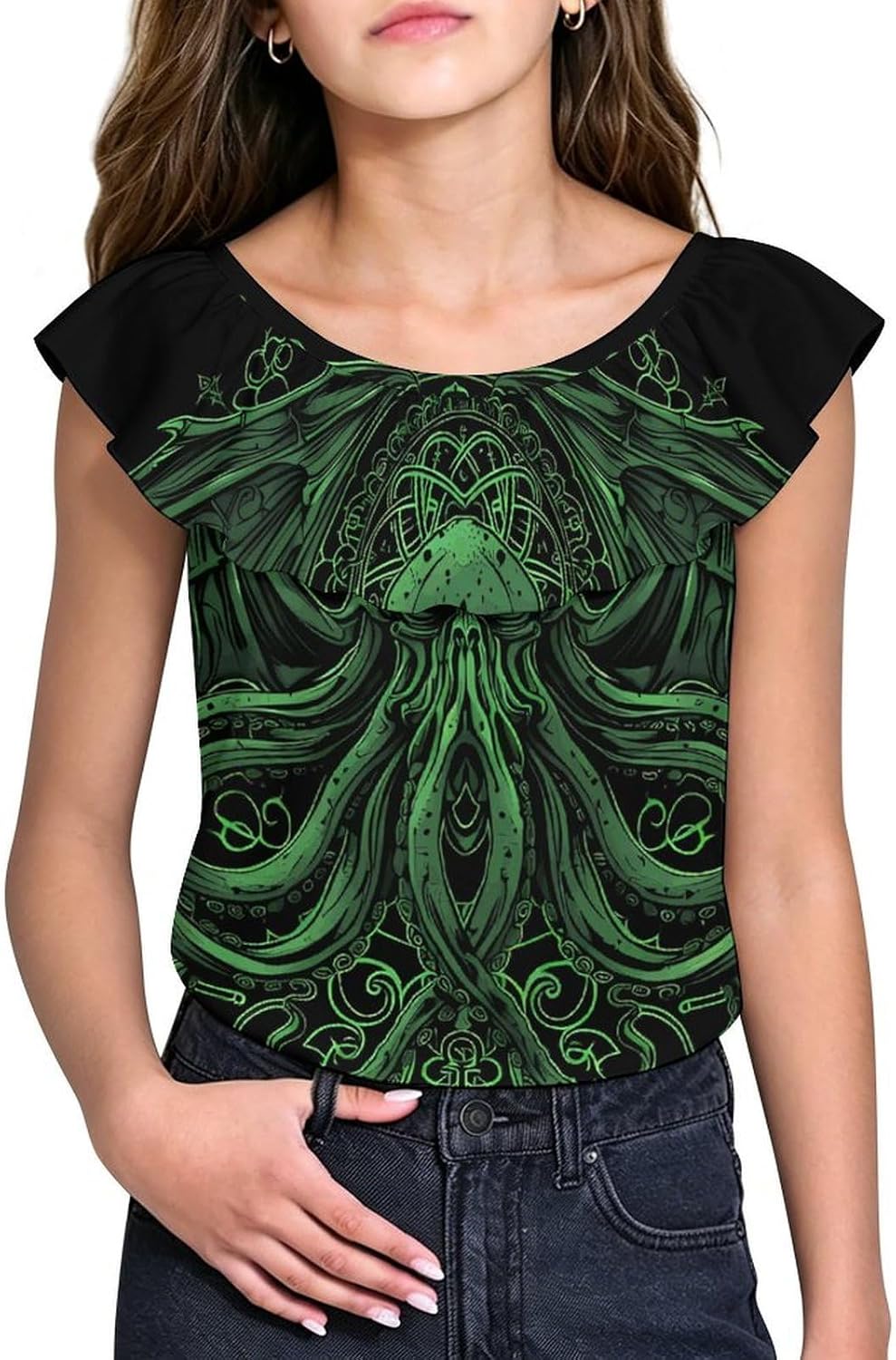 Great FunnyCthulhu Girls T-Shirts Top Ruffle Short Sleeve Blouse Casual Graphic Tees