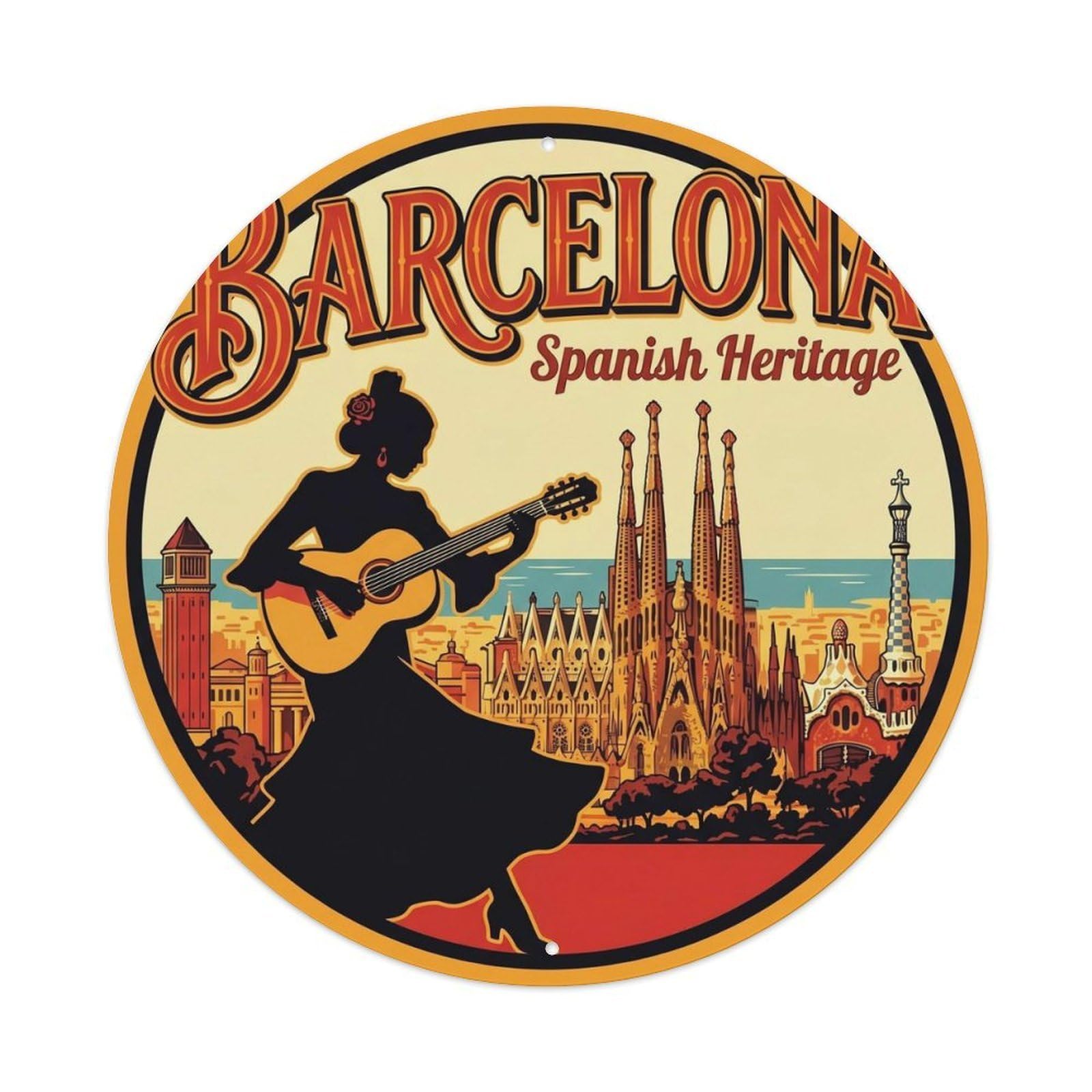Barcelona Spanish Guitar Flamenco Vintage Travel Music Metal Tin Sign Plaque Wall Decor for Cafe, Man Cave, Club Bar, Office, Home Garden Round Metal Poster 8x8Inch