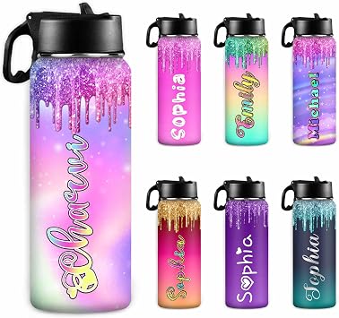 MyPupSocks Personalized Insulated Water Bottle Custom Kids Glitter Water Bottle with Name Custom Gift for Girl Back to School