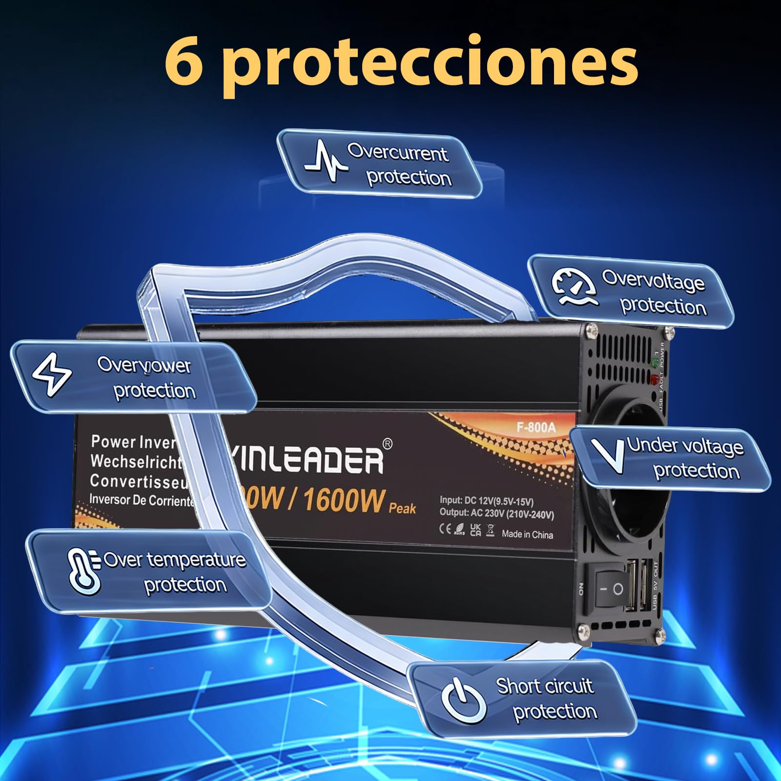 Yinleader Inverter di Potenza 12V 230V, 800W Continuo/1600W Picco, Convertitore CC-CA con Display LCD, 2 USB e Protezioni Completa per Auto Camper Pannello Solare