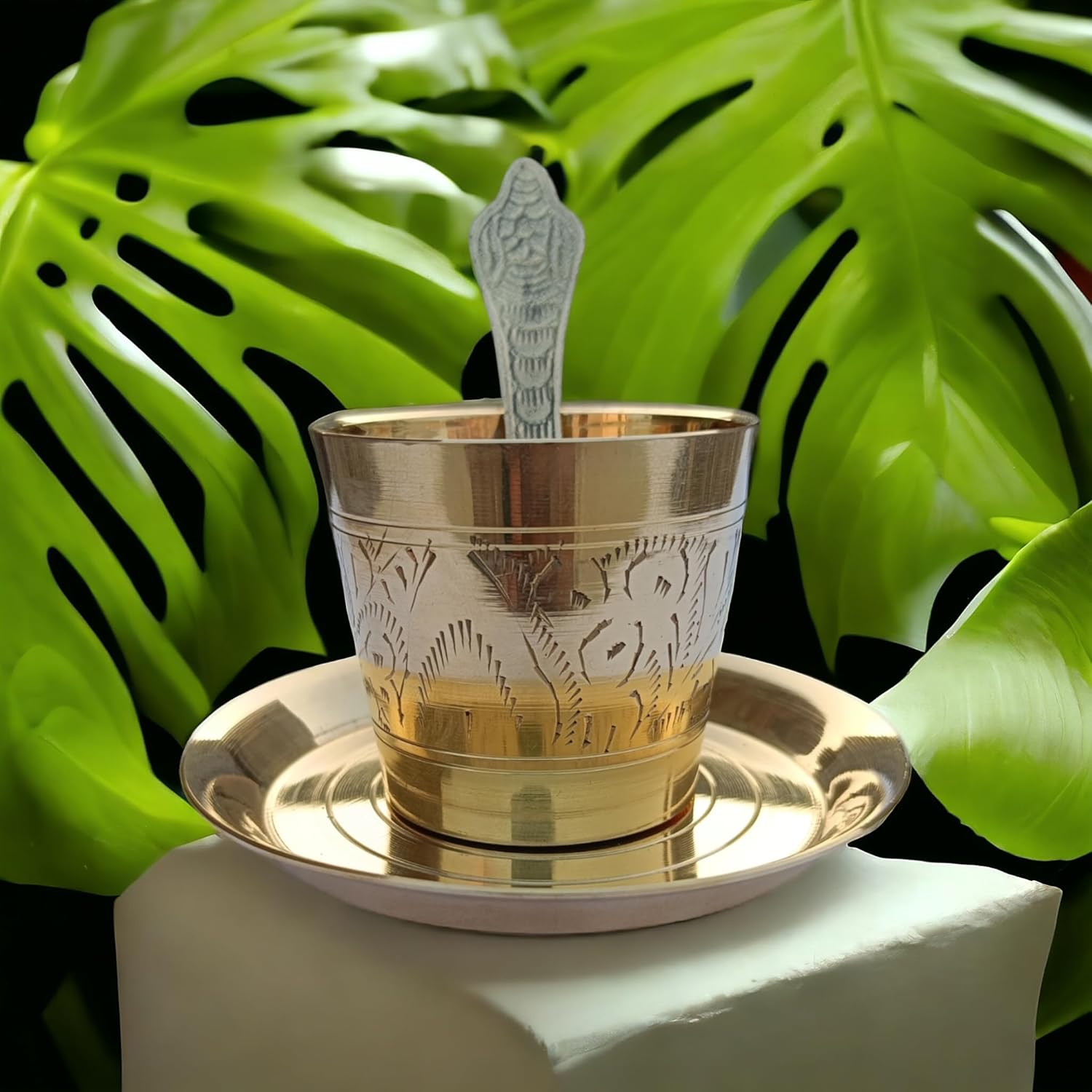 Brass Antique Panchpatra Set with Achamani & Thali | Indian Traditional Handcraft Panchpatra with Spoon & Plate for Pooja, Temple, Diwali (4.5cm)