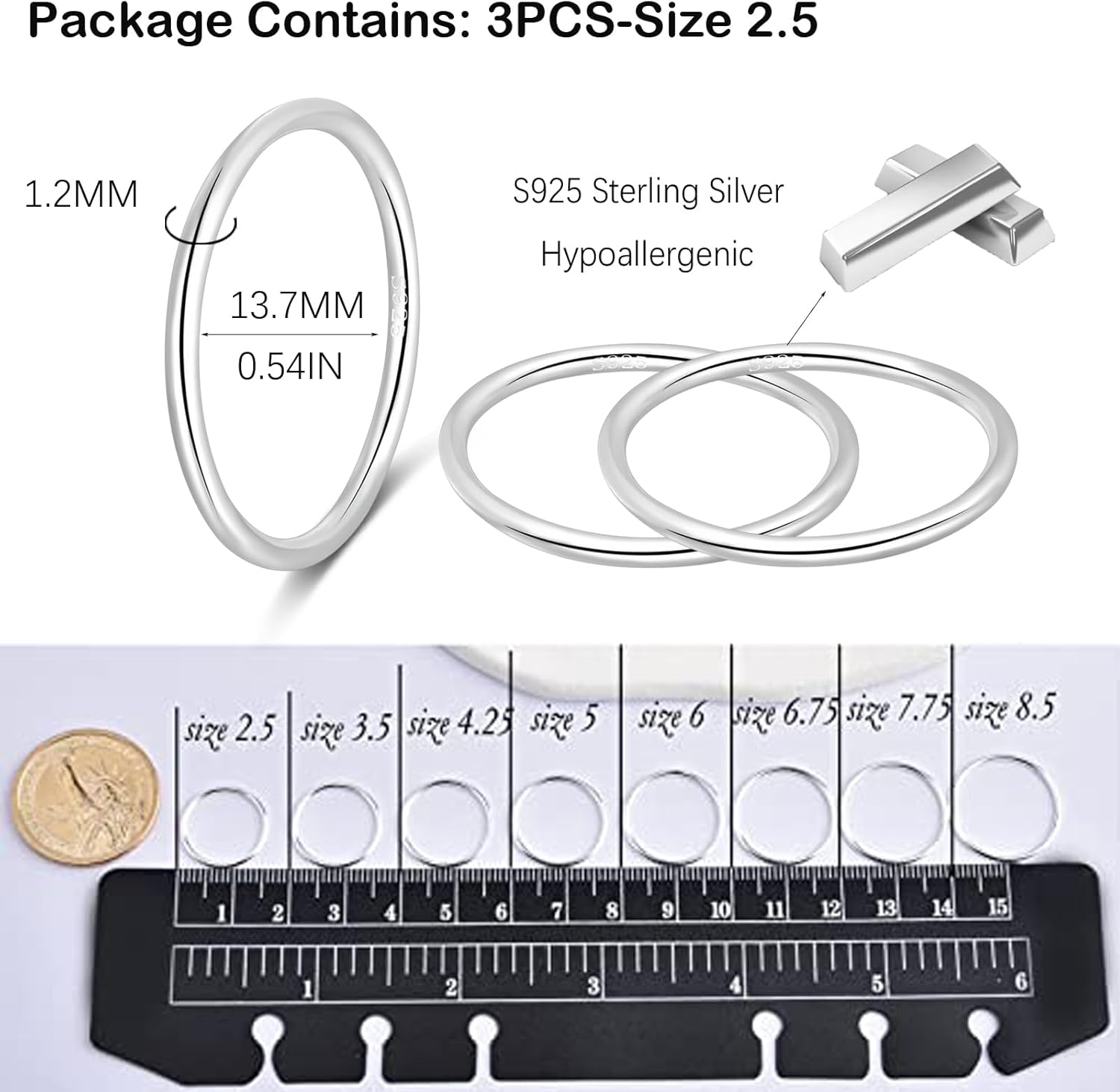 CANDYFANCY 925 Sterling Silver 1.2mm Stacking Midi Thin Rings Thumb Pinky Ring Stack Knuckle Rings for Women Band Ring Size 2.5-8.5