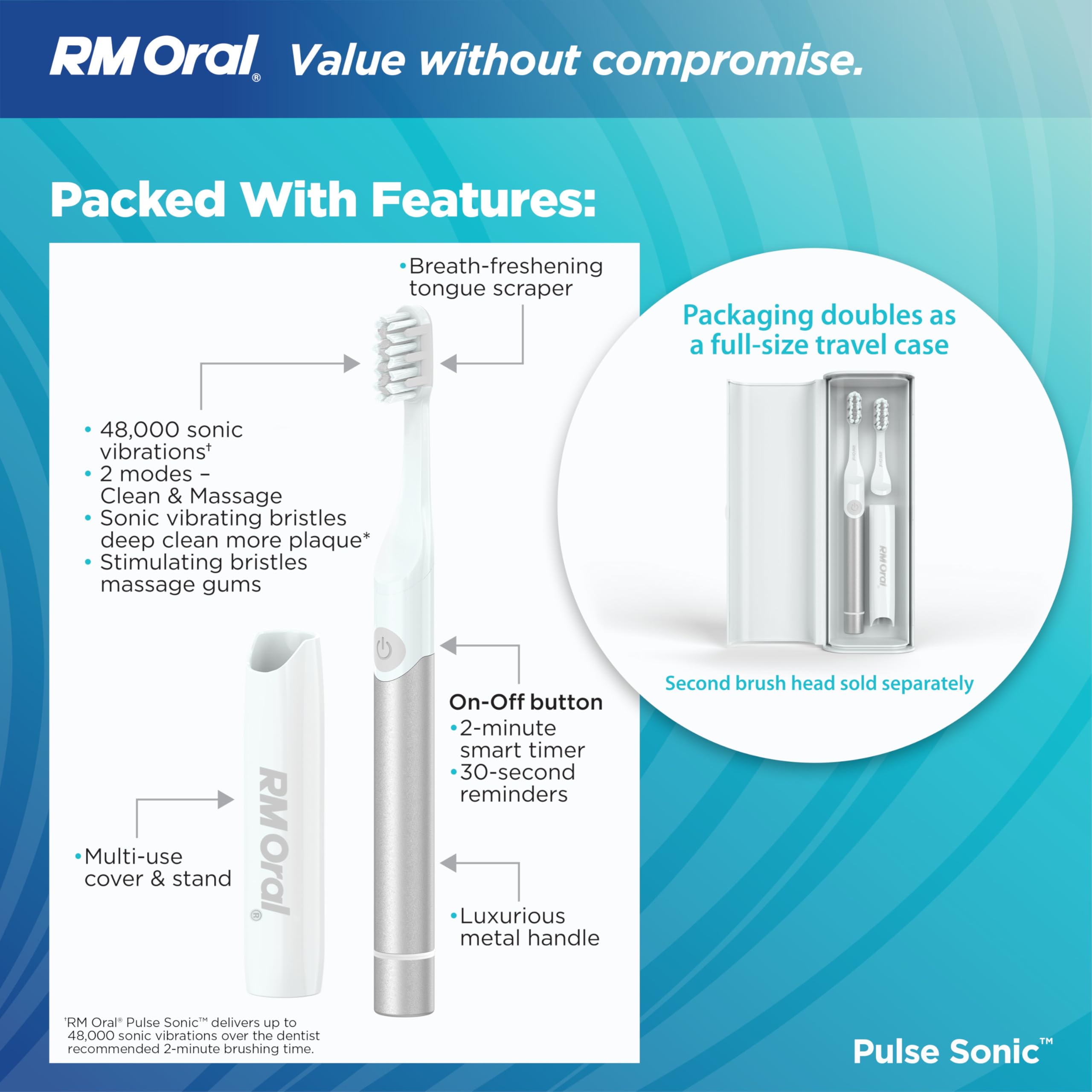 RM Oral Pulse Sonic - Cepillo de dientes con 48.000 vibraciones sónicas, mango de metal, cerdas suaves, estuche de viaje, 2 modos para blanqueamiento y eliminación de placa, temporizador inteligente