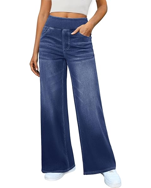 Women's Wide Leg Jeans High Waisted Stretchy Denim Pants Elastic Waist Pull On Swea...