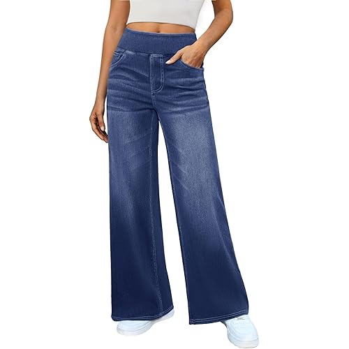 Women's Wide Leg Jeans High Waisted Stretchy Denim Pants Elastic Waist Pull On Sweatpant Jeans Trendy Baggy Loose