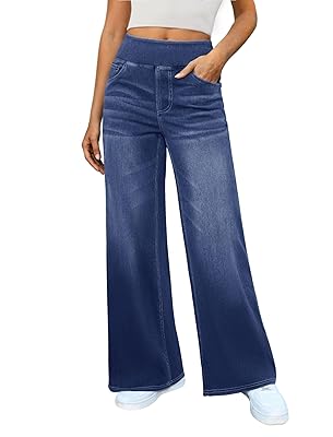Women's Wide Leg Jeans High Waisted Stretchy Denim Pants Elastic Waist Pull On Sweatpant Jeans Trendy Baggy Loose
