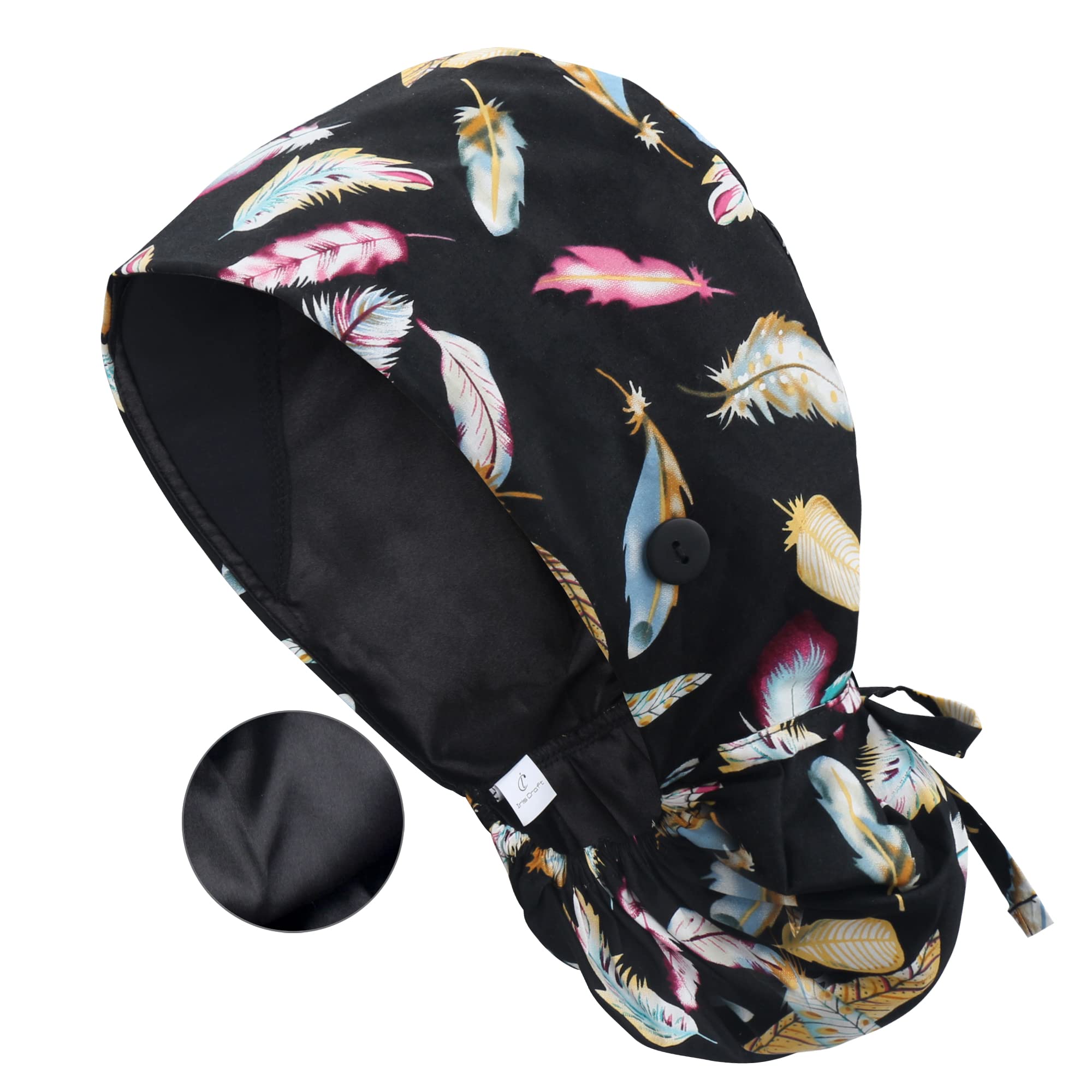 Satin Lined Scrub Cap for Women, Bouffant Nurse Cap with Sweatband and Buttons, Adjustable Surgical Hat for Curly Hair, Braids, Long Hair and Buns, Feather Black