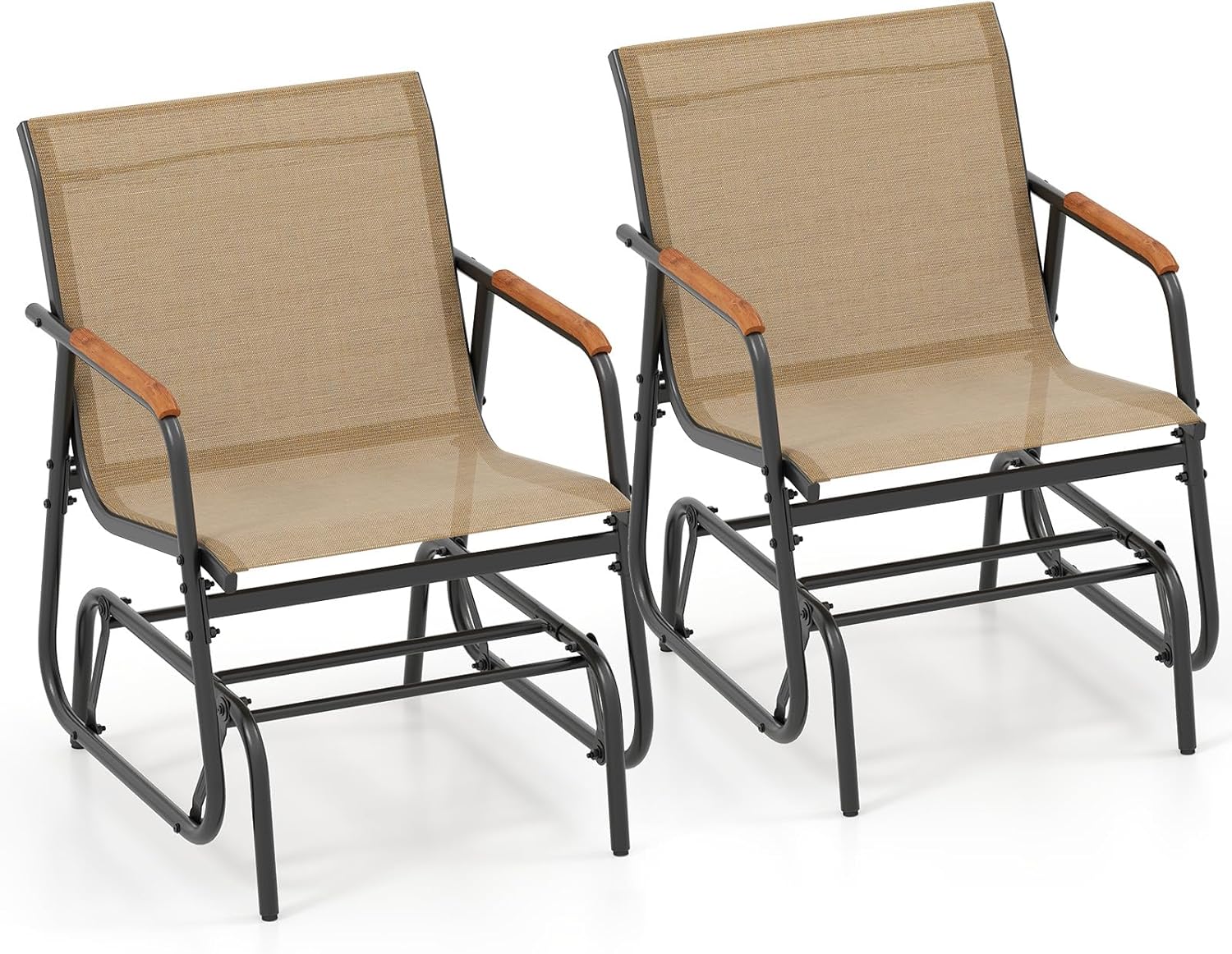 Giantex Outdoor Glider, Swing Rocking Chair with Breathable Fabric Seat, Curved Teak Wood Armrests and Metal Frame, Gliding Armchair, Patio Glider for Backyard, Garden, Porch, Balcony (2)