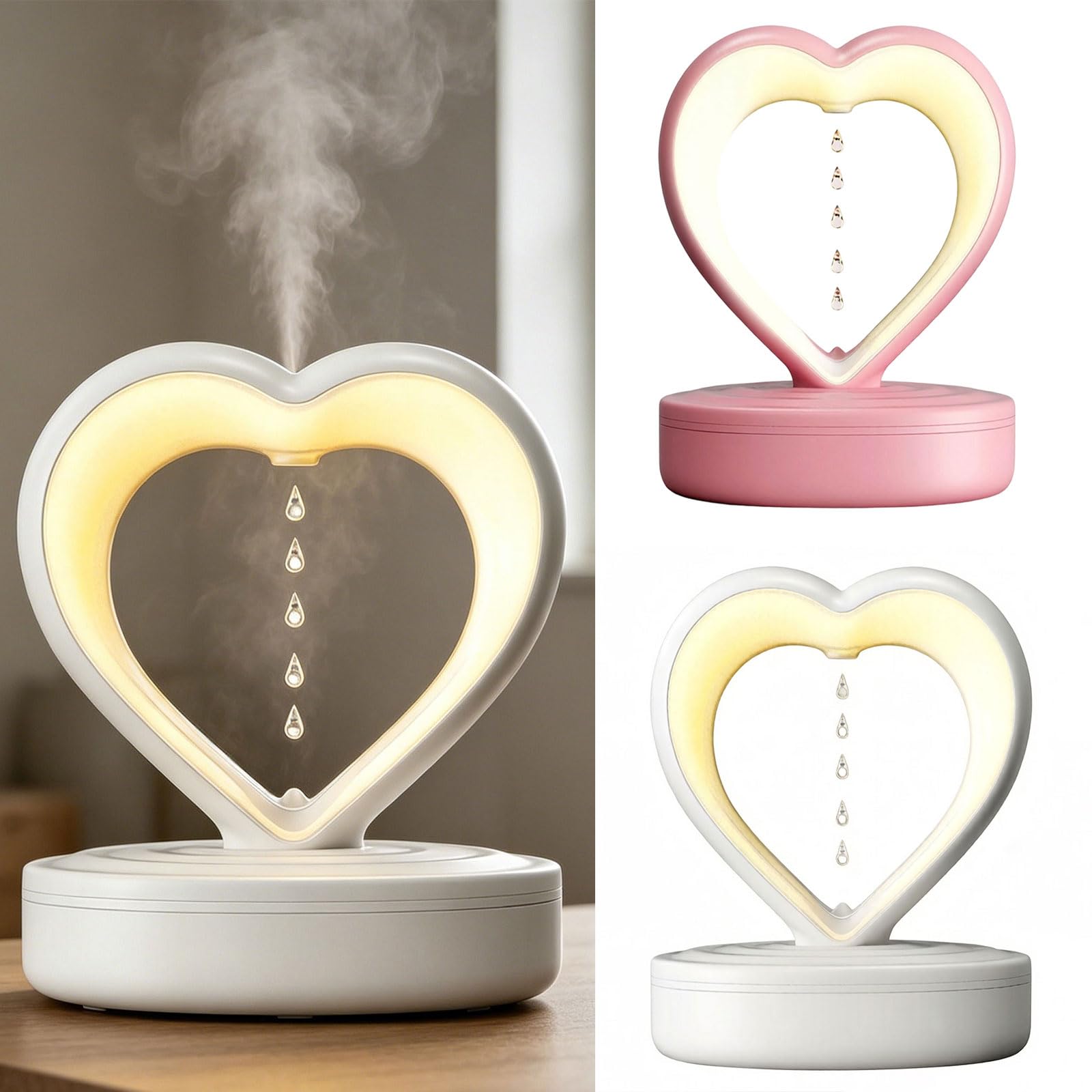 Umidificatore portatile a forma di cuore da scrivania a forma di gocce d'acqua con luce notturna per camera da letto/bagno/soggiorno a forma di cuore camera da letto