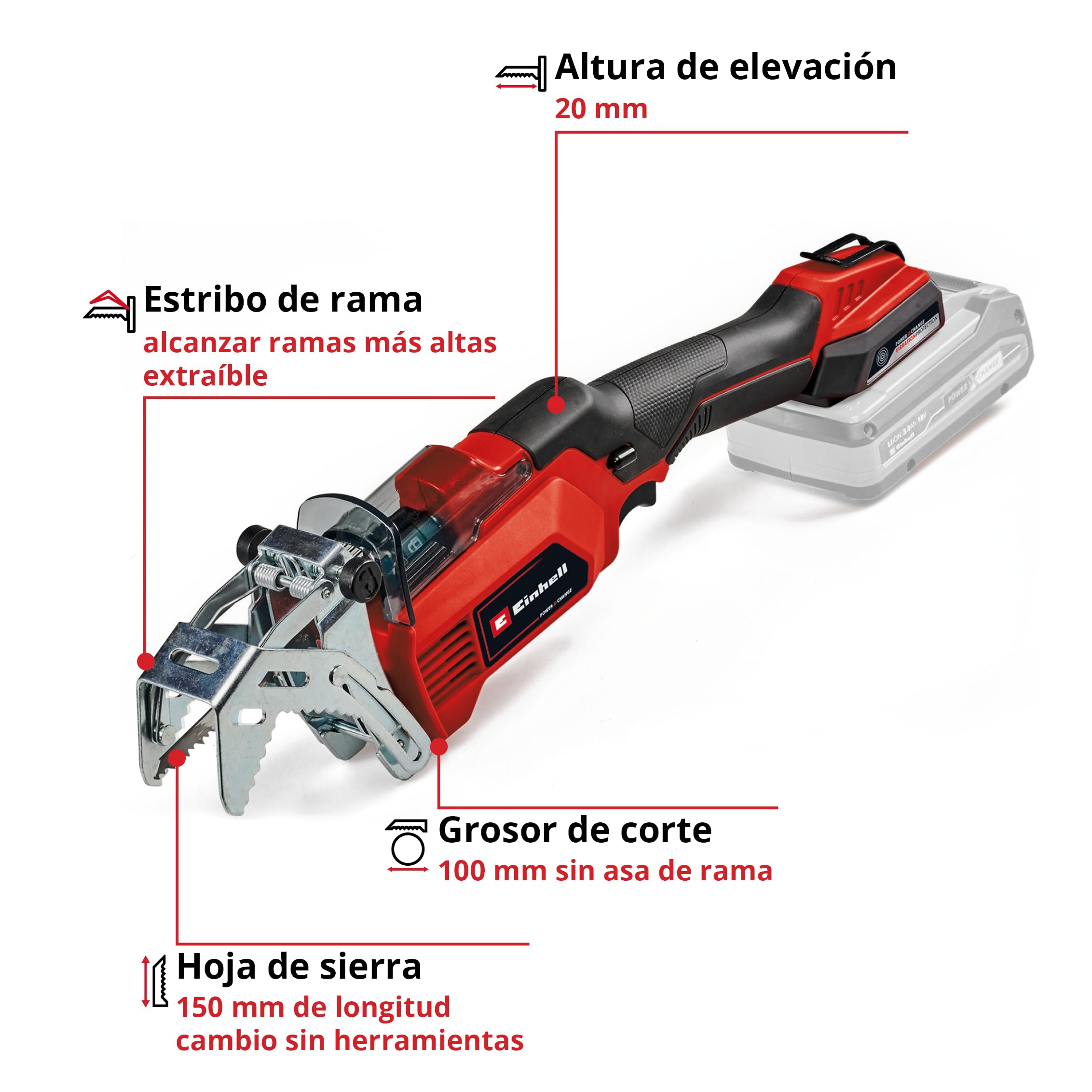 Einhell Sierra de ramas con batería GE-GS 18/150 Li-Solo Power X-Change (18V, 100mm espesor de corte máx, 20 mm altura carrera, estribo de rama desmontable, incl. 2 hojas de sierra, sin batería)