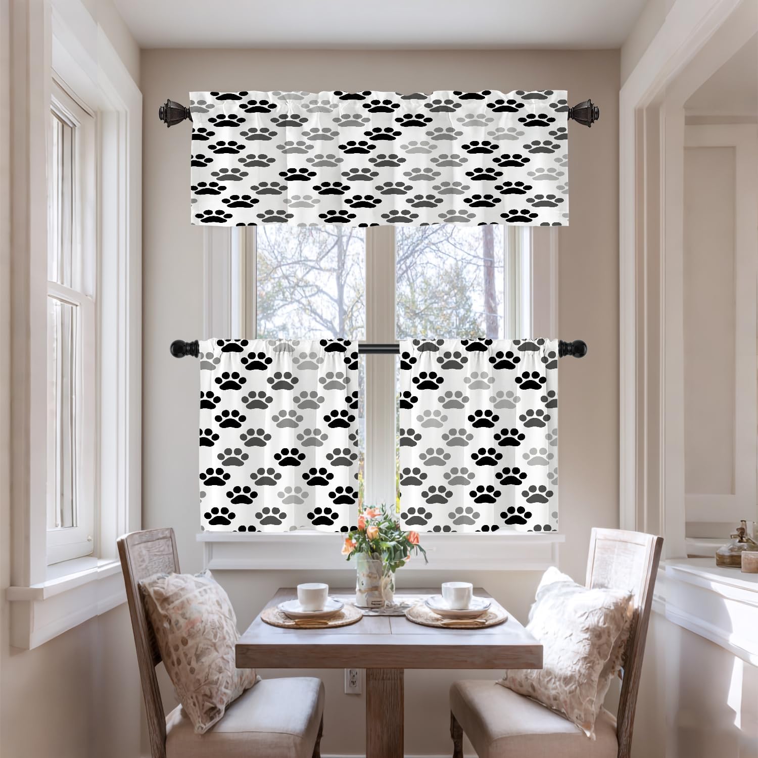 Black Animal Paw Cat Dog Kitchen Tier Curtains for Windows,Colorful Paw Prints Blackout Valances Multilayer Polyester Window Treatments for Kitchen 2 Pack 26X24 Inches