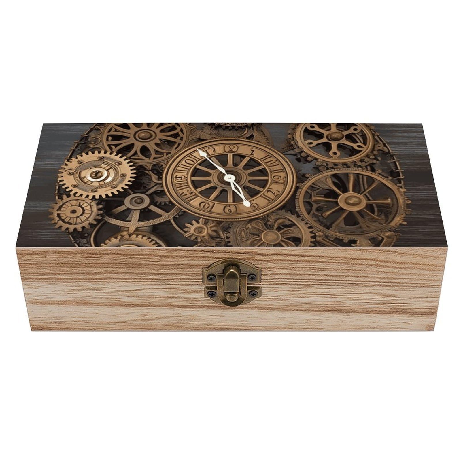 FekiLoot Steampunk Gears Clock Wooden Keepsake Box Decorative Wood Storage Organizer with Hinged Lid Large Handmade Boxes Wedding Memory Treasure Box for Jewelry Photos Stamps Crafts