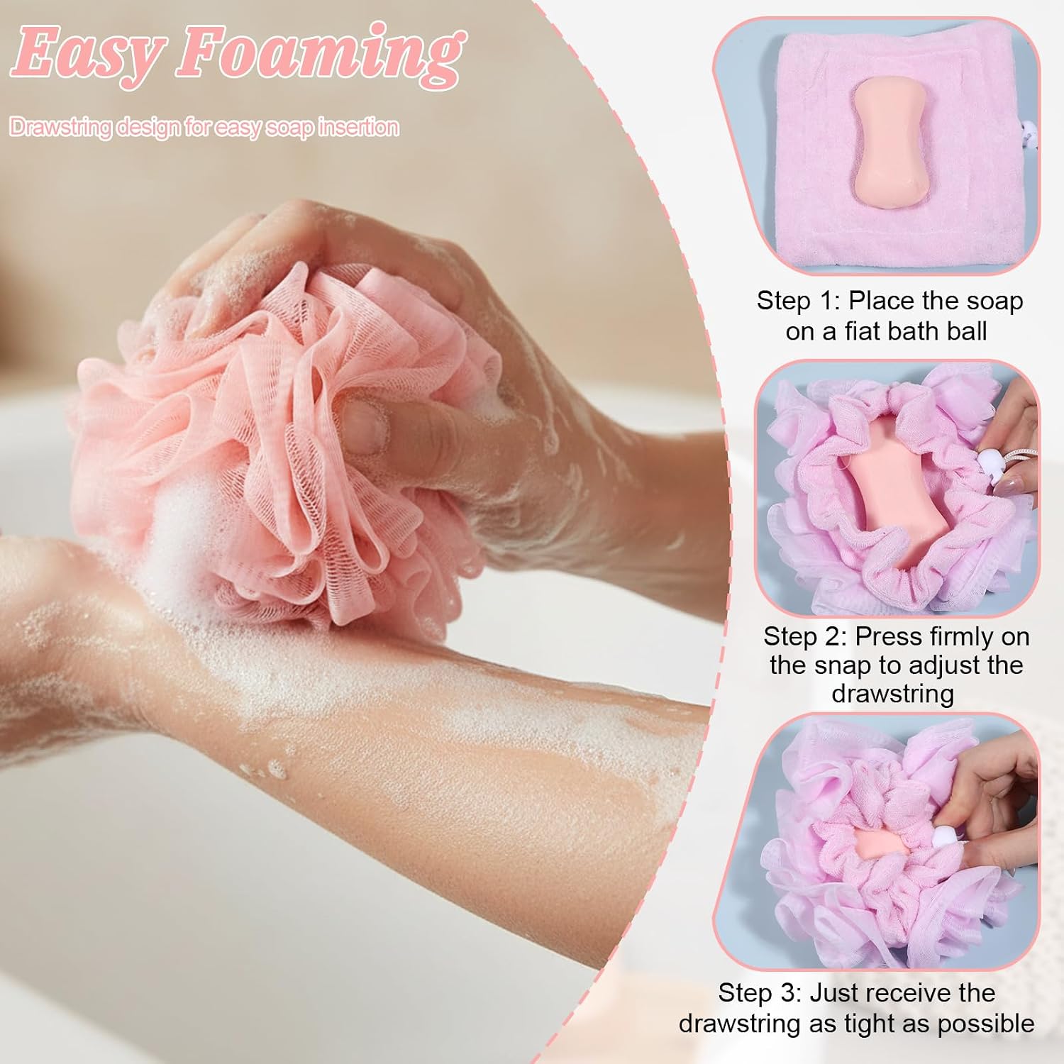 Qianyu 3 Pcs Loofah Soap Bar Loofah 2-in-1 Washcloth Combo Saver Pouch Reusable Exfoliating Shower Mesh Hold Drawstring Cleansing Puff Ball with Soap Pocket for Bathing Body Wash