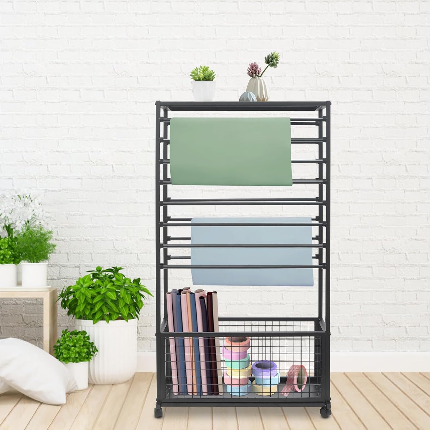 59in H Ribbon Holder Organizer Rack, 16 Tier Ribbon Display Stand With Wheels+Mesh Storage Basket, Multifunctional Ribbon Storage Holder, Open Architecture For Florists, Dye Shops, Households. (Black)