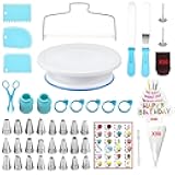 193 Pcs Cake Decorating Kit with Cake Turntable,Cake Leveler,24 Numbered Icing Tips,2 Spatulas,2 Couplers,3 Comb Scrapers,50 Pastry Bags,50 Paper Cupcake Liners,50 Cake Flags