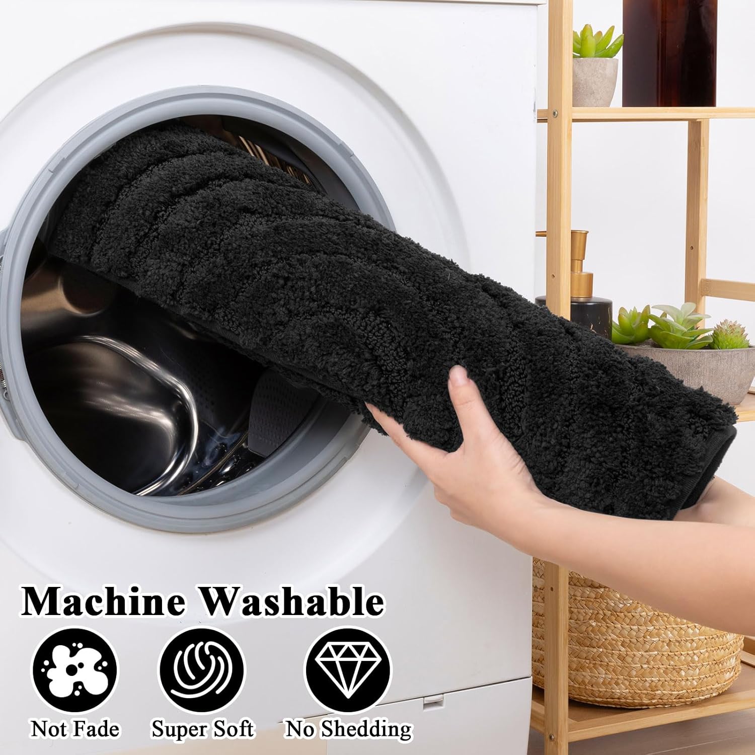 SHACOS Bathroom Rugs Sets 5 Piece Ultra Soft Absorbent Microfiber Bath Mat with Bath Runner, U Shape Contour Rug, Toilet Lid Cover, Non Slip Machine Washable Carpet for Bathroom, Bedroom, Black