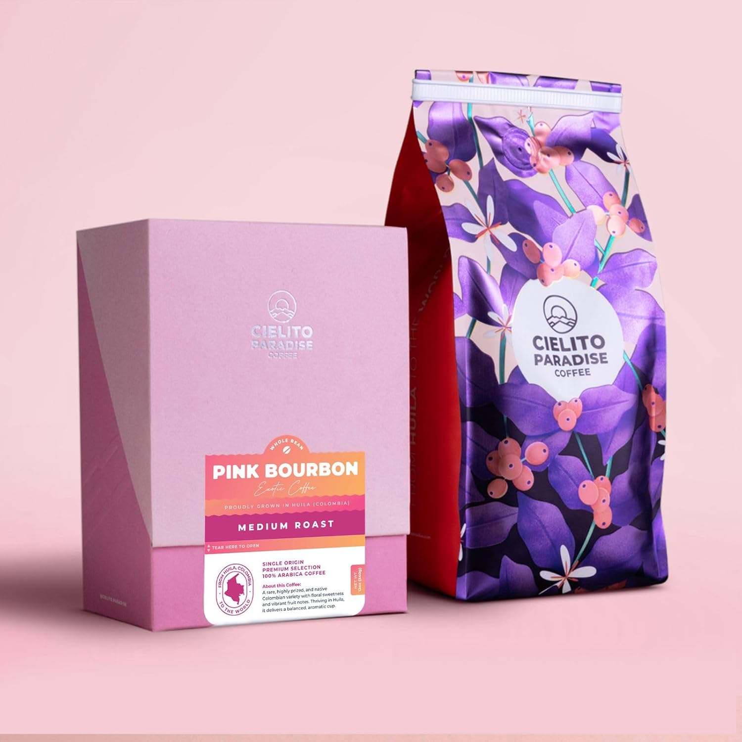 Cielito Paradise Coffee Pink Bourbon Medium Roast, Single Origin Whole Bean Coffee from Huila Colombia, 12oz